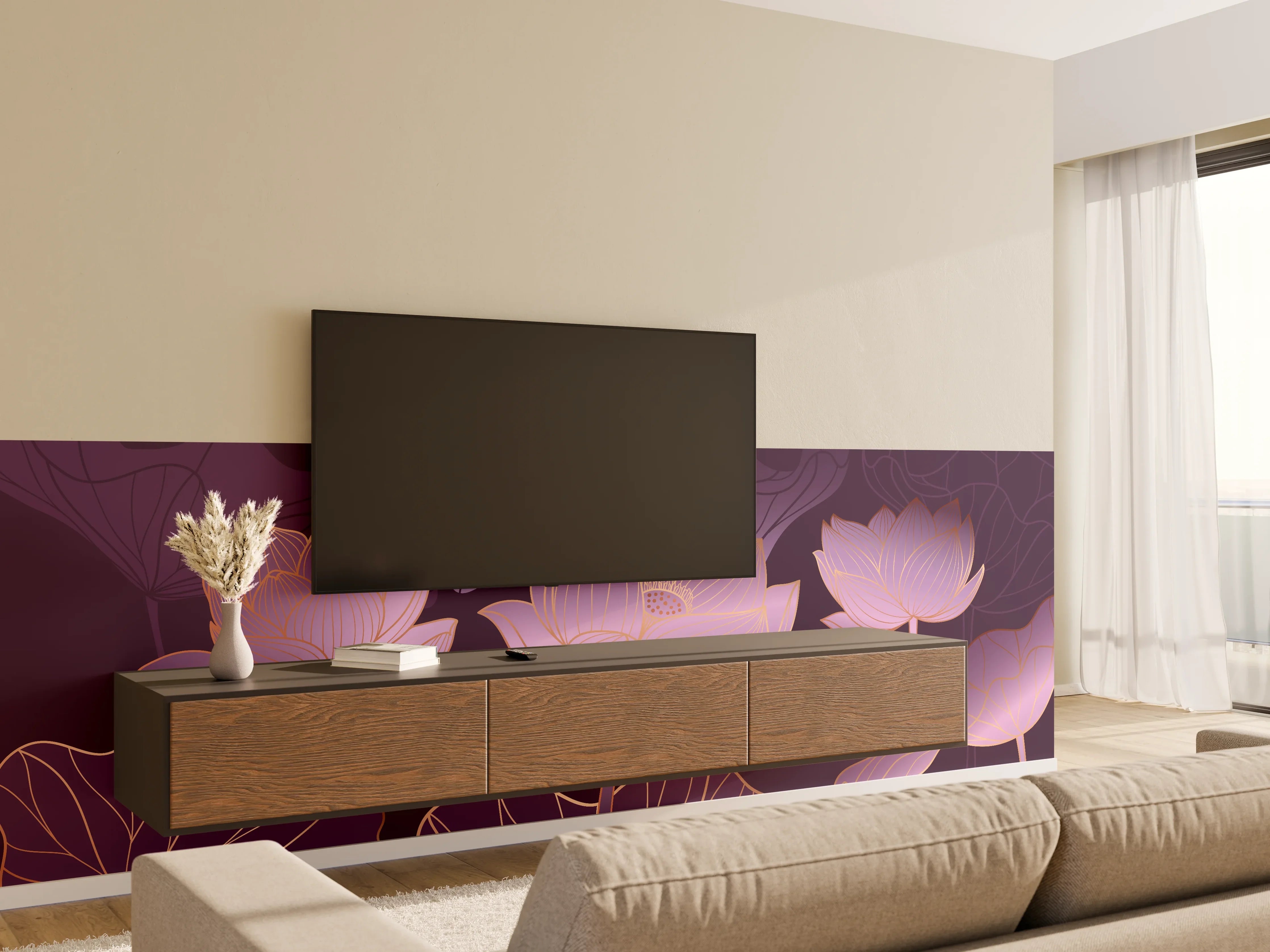 Wandverkleidung Wohnzimmer - Abstrakte Lila Lotus Illustration