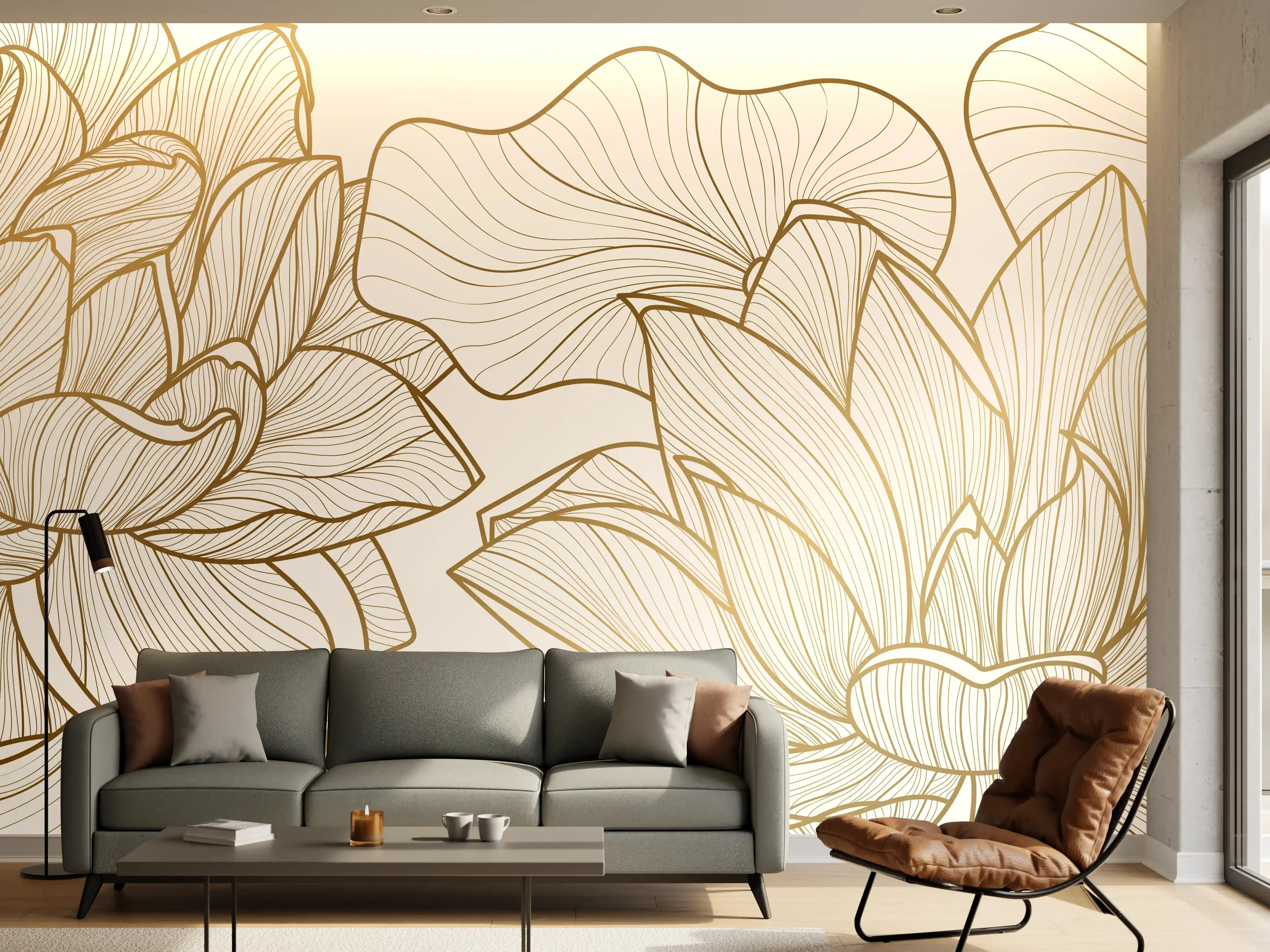 Wandverkleidung Wohnzimmer - Abstrakte Linien Blumenillustration