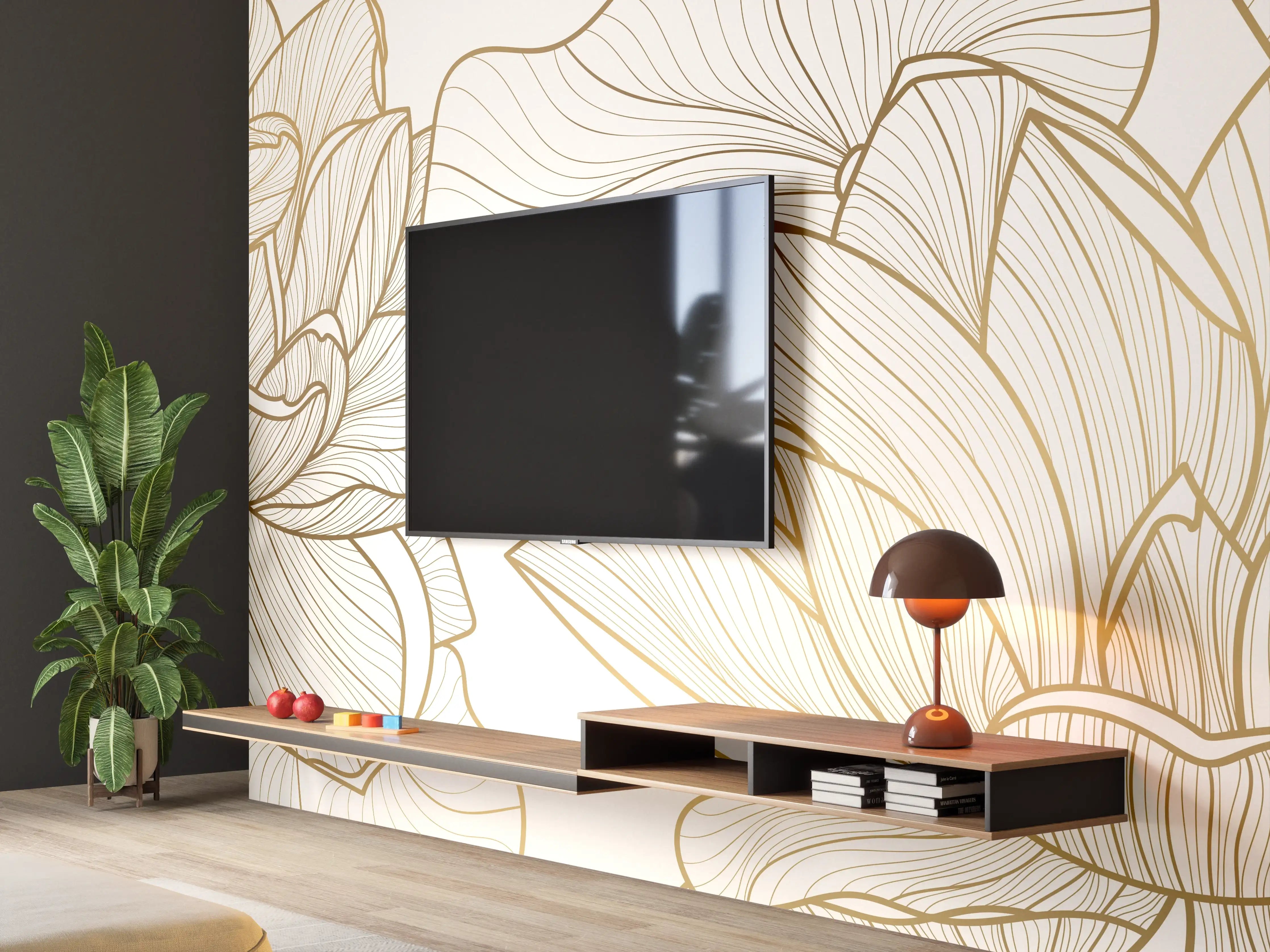 Wandverkleidung Wohnzimmer - Abstrakte Linien Blumenillustration