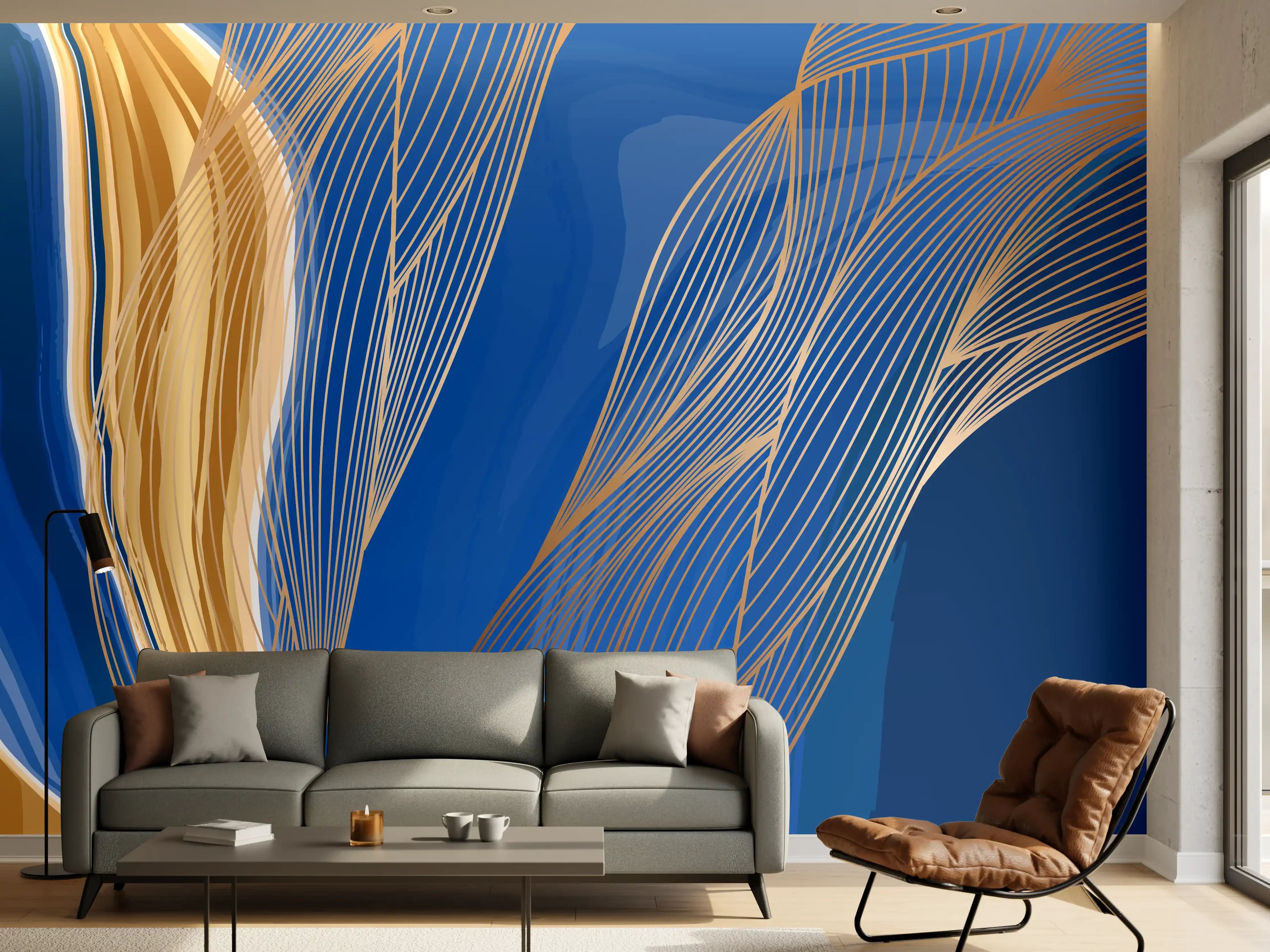 Wandverkleidung Wohnzimmer - Abstrakte Linienkunst in Blau-Gold