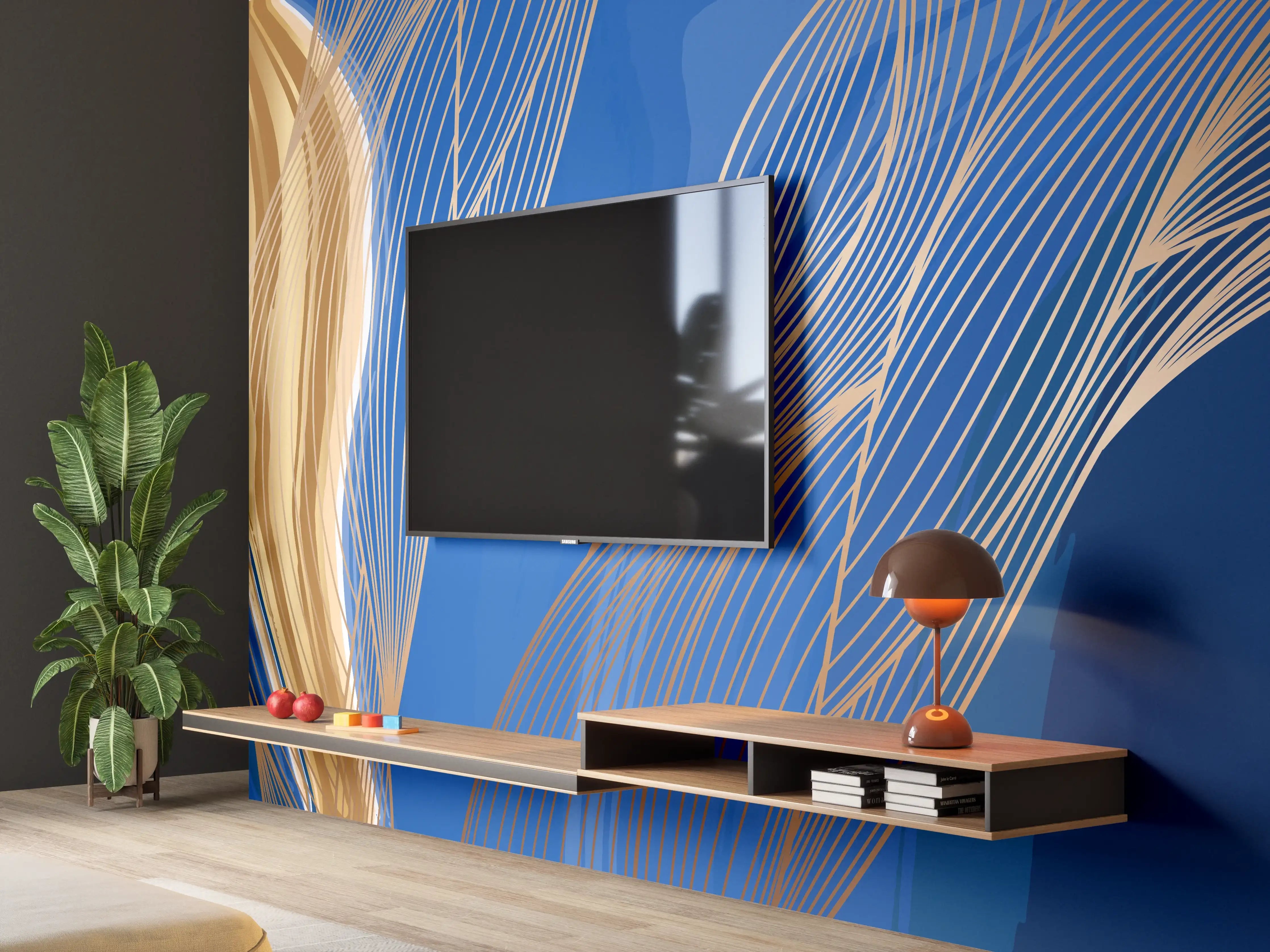 Wandverkleidung Wohnzimmer - Abstrakte Linienkunst in Blau-Gold