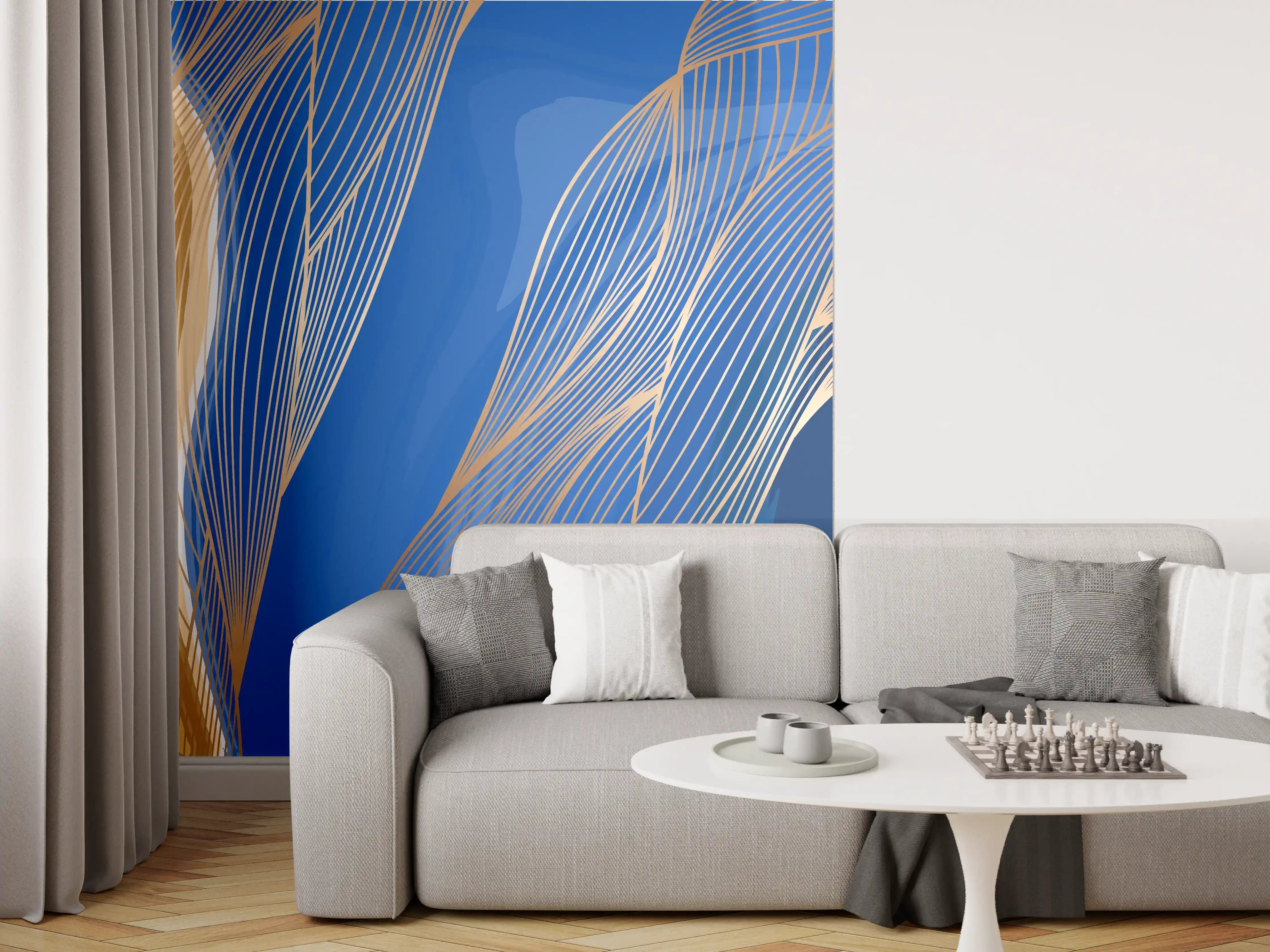 Wandverkleidung Wohnzimmer - Abstrakte Linienkunst in Blau-Gold