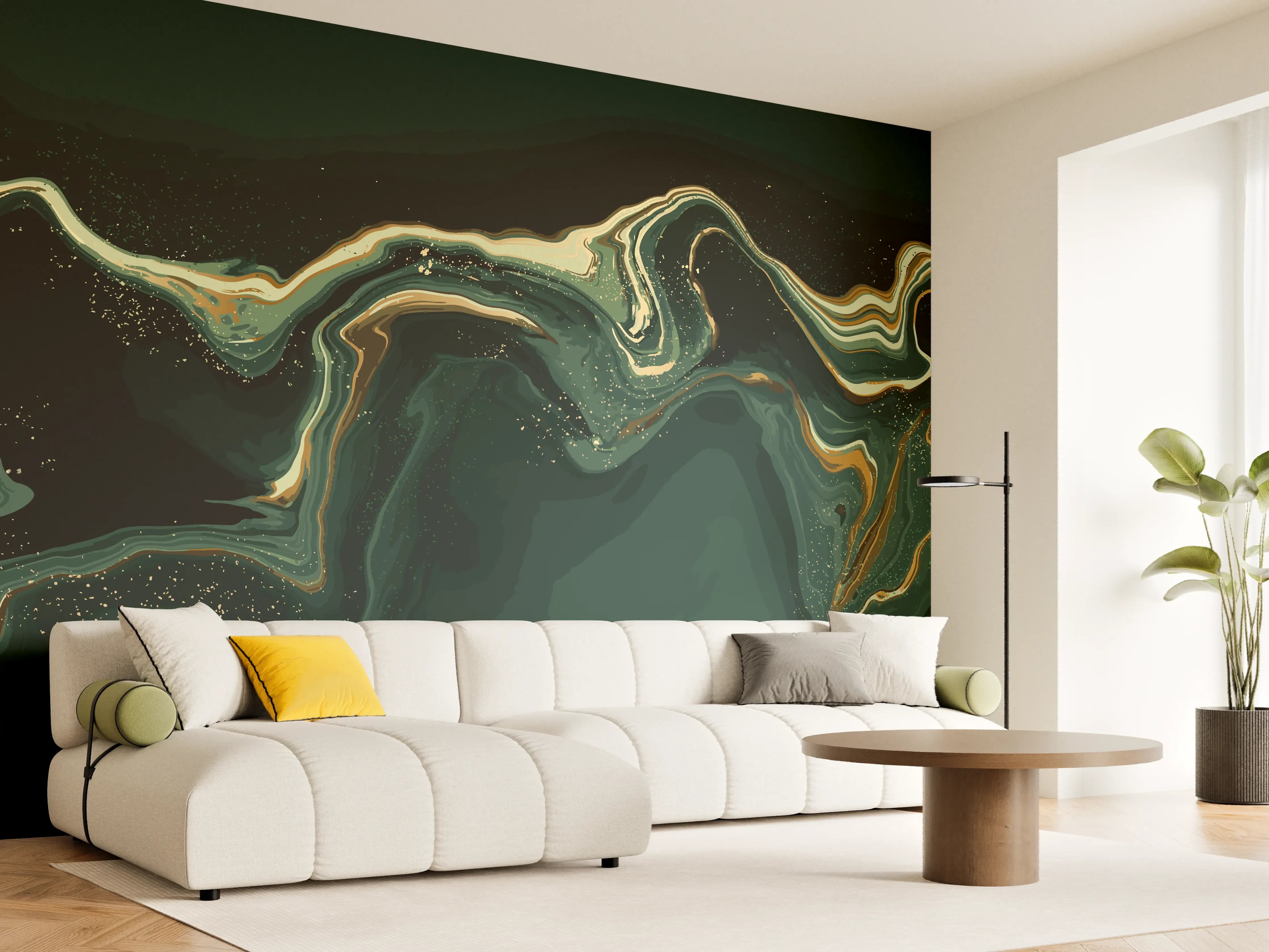 Wandverkleidung Wohnzimmer - Abstrakte Marmortextur in Goldgrün