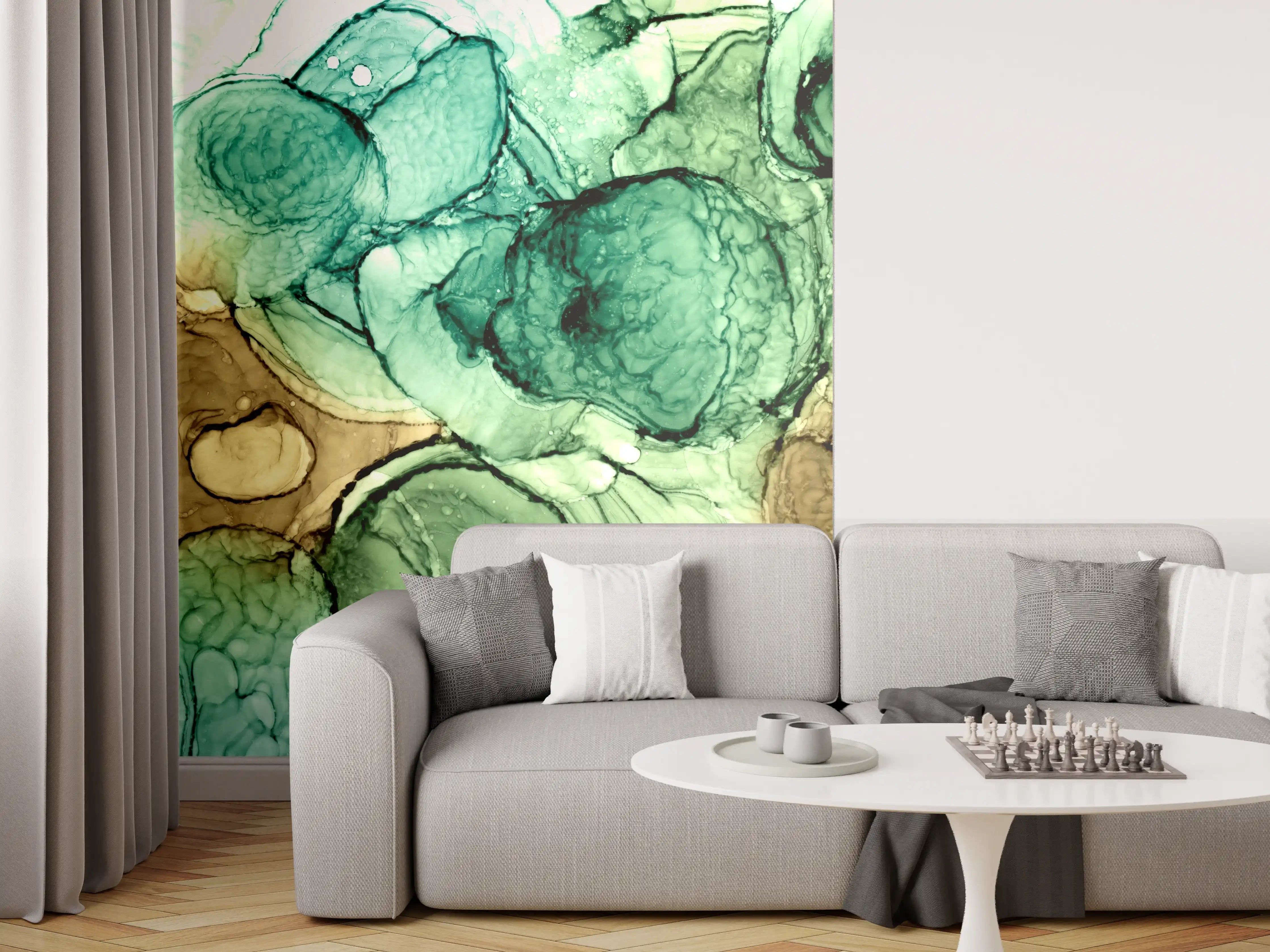 Wandverkleidung Wohnzimmer - Abstrakte Ocker grüne Kreise