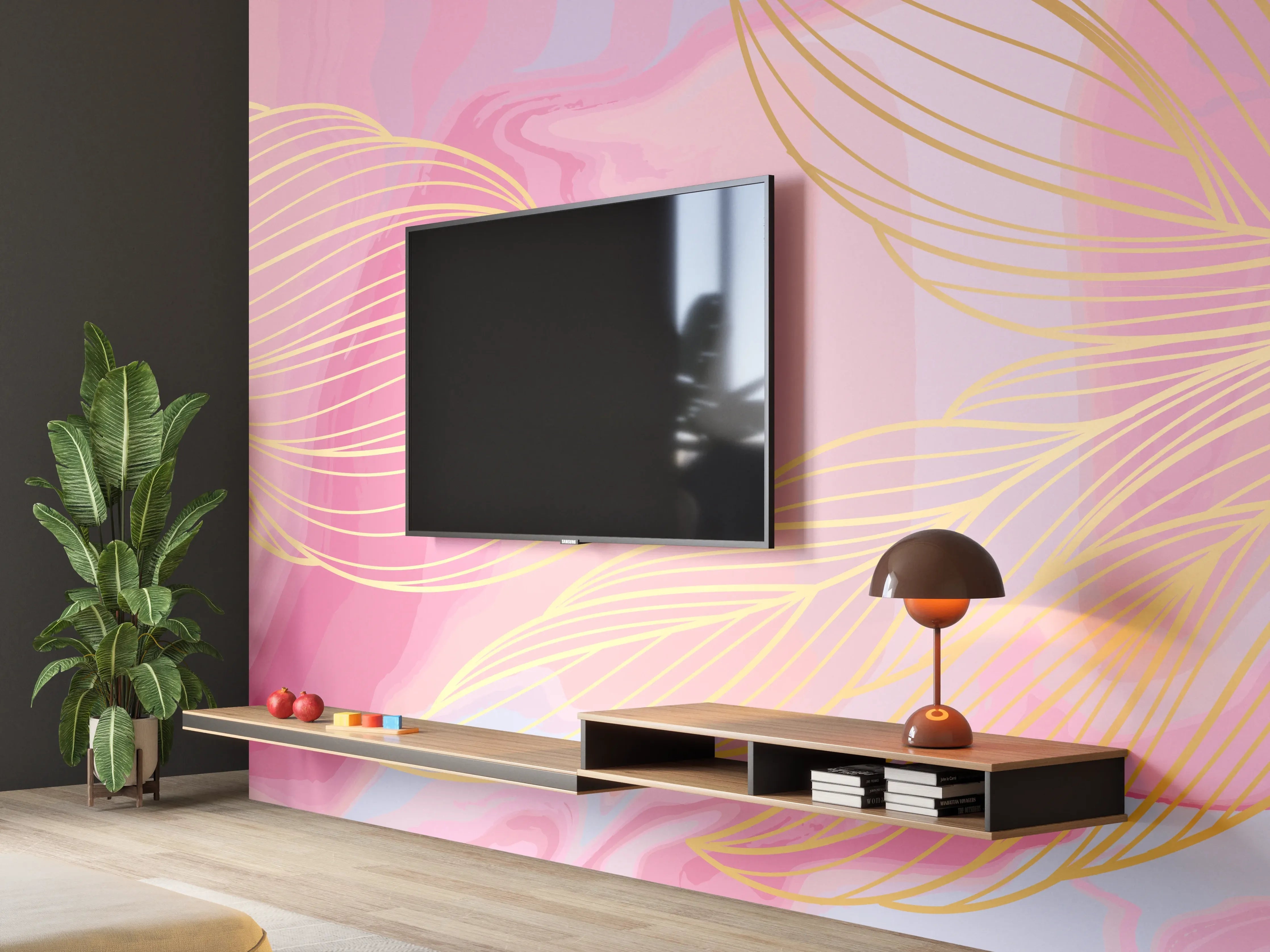 Wandverkleidung Wohnzimmer - Abstrakte Rosa Wellen Kunst