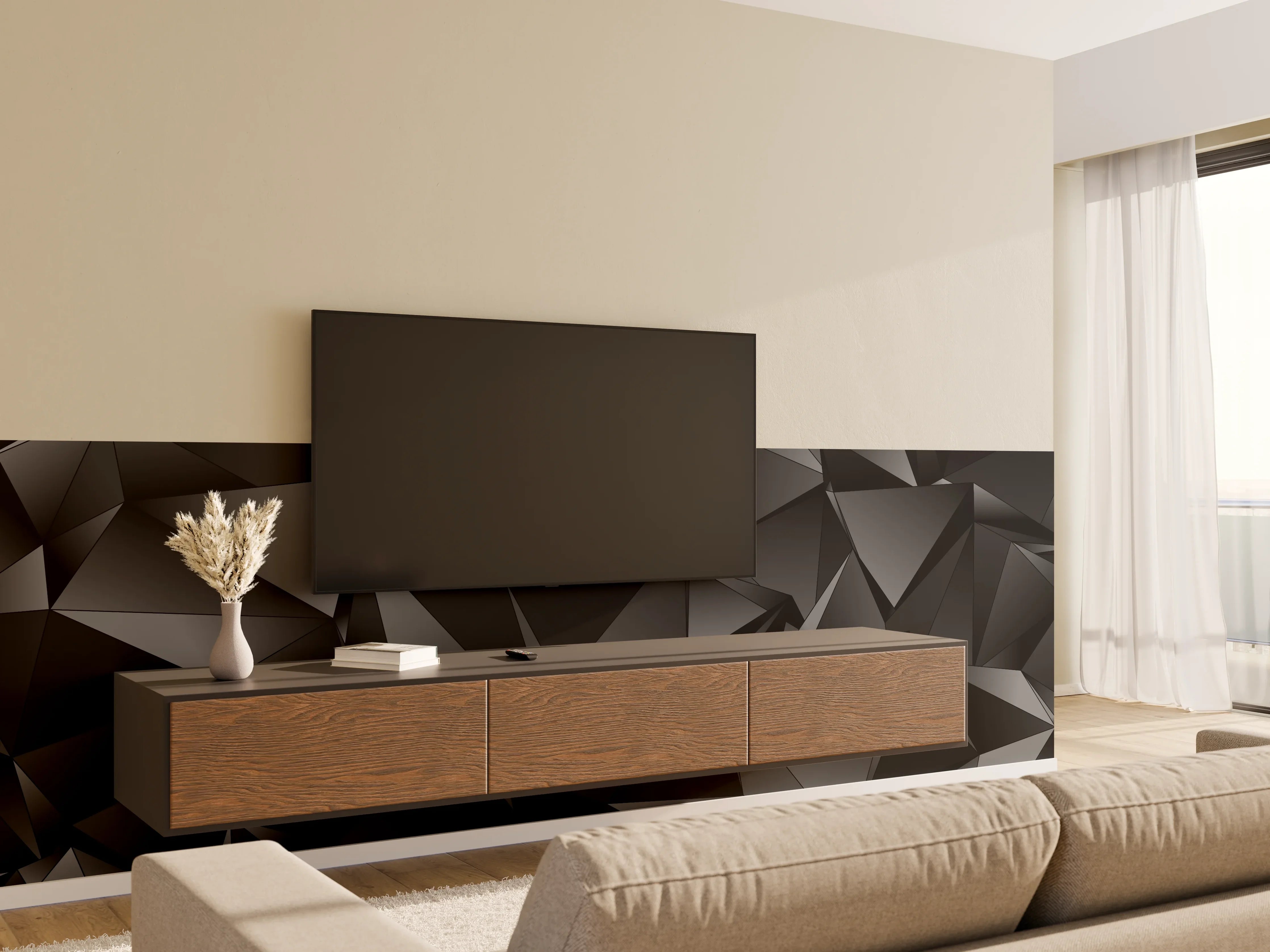 Wandverkleidung Wohnzimmer - Abstrakte Schwarze 3D Dreiecke