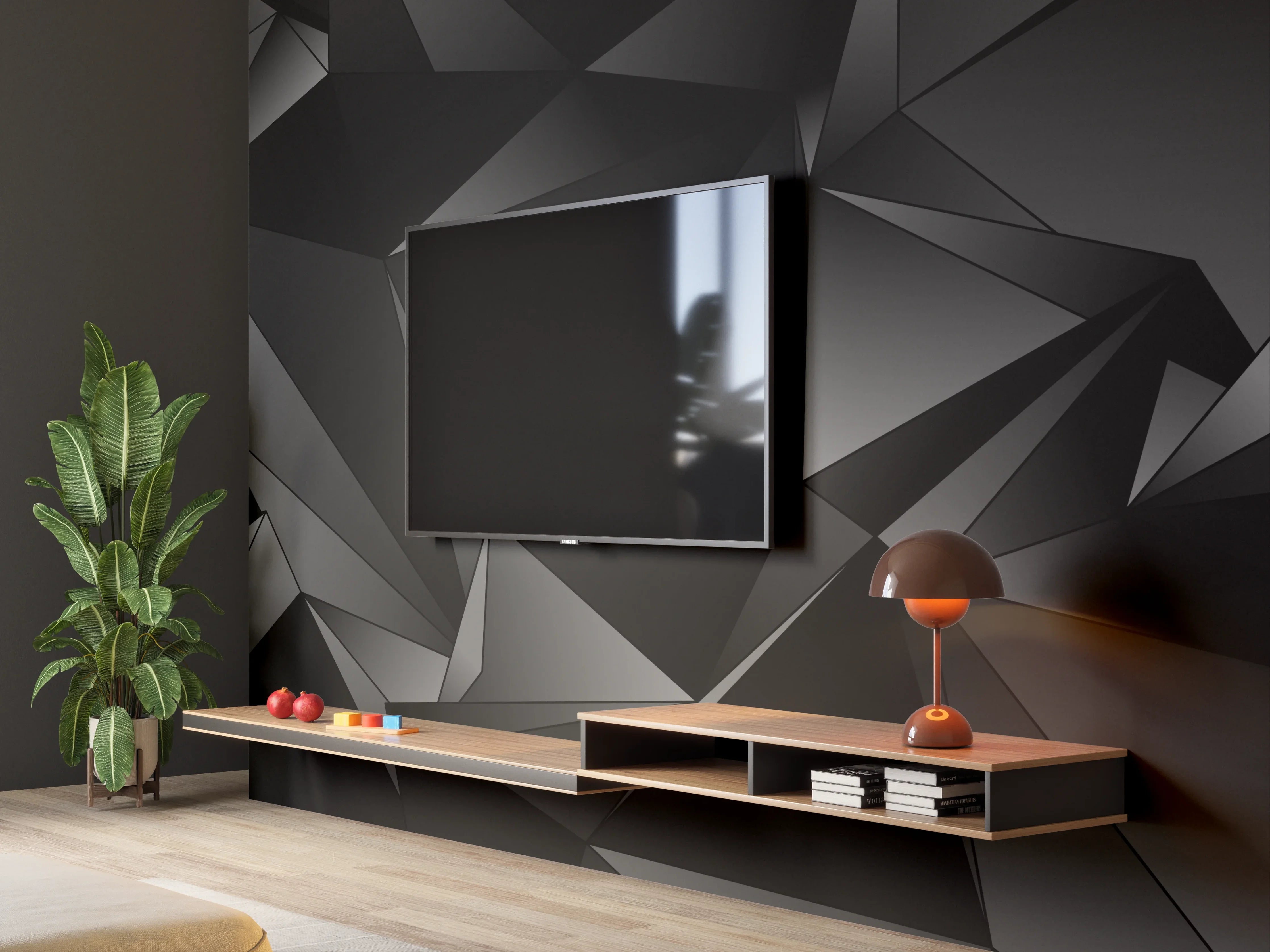 Wandverkleidung Wohnzimmer - Abstrakte Schwarze 3D Dreiecke