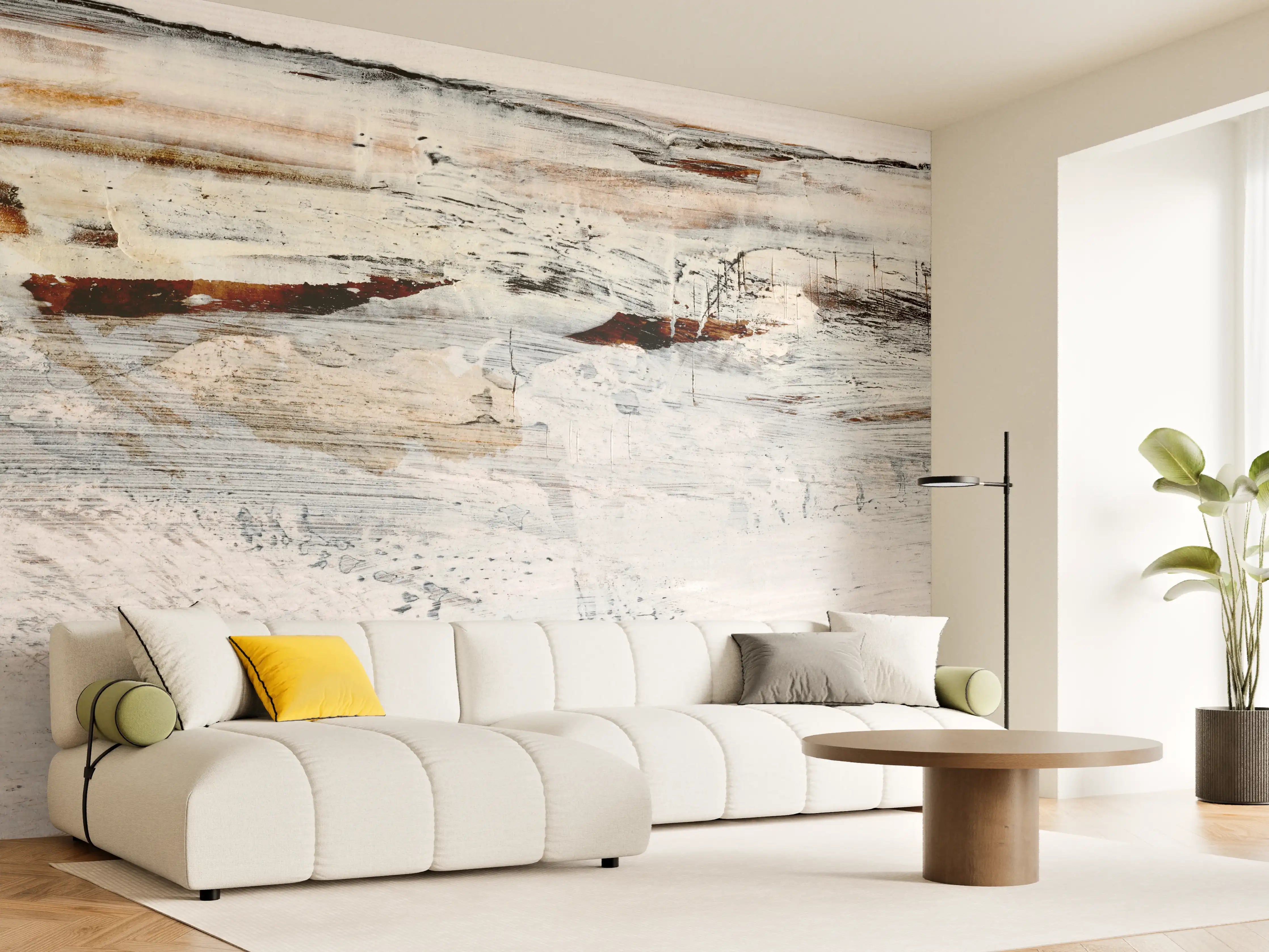 Wandverkleidung Wohnzimmer - Abstrakte Strandlandschaft in Neutraltönen