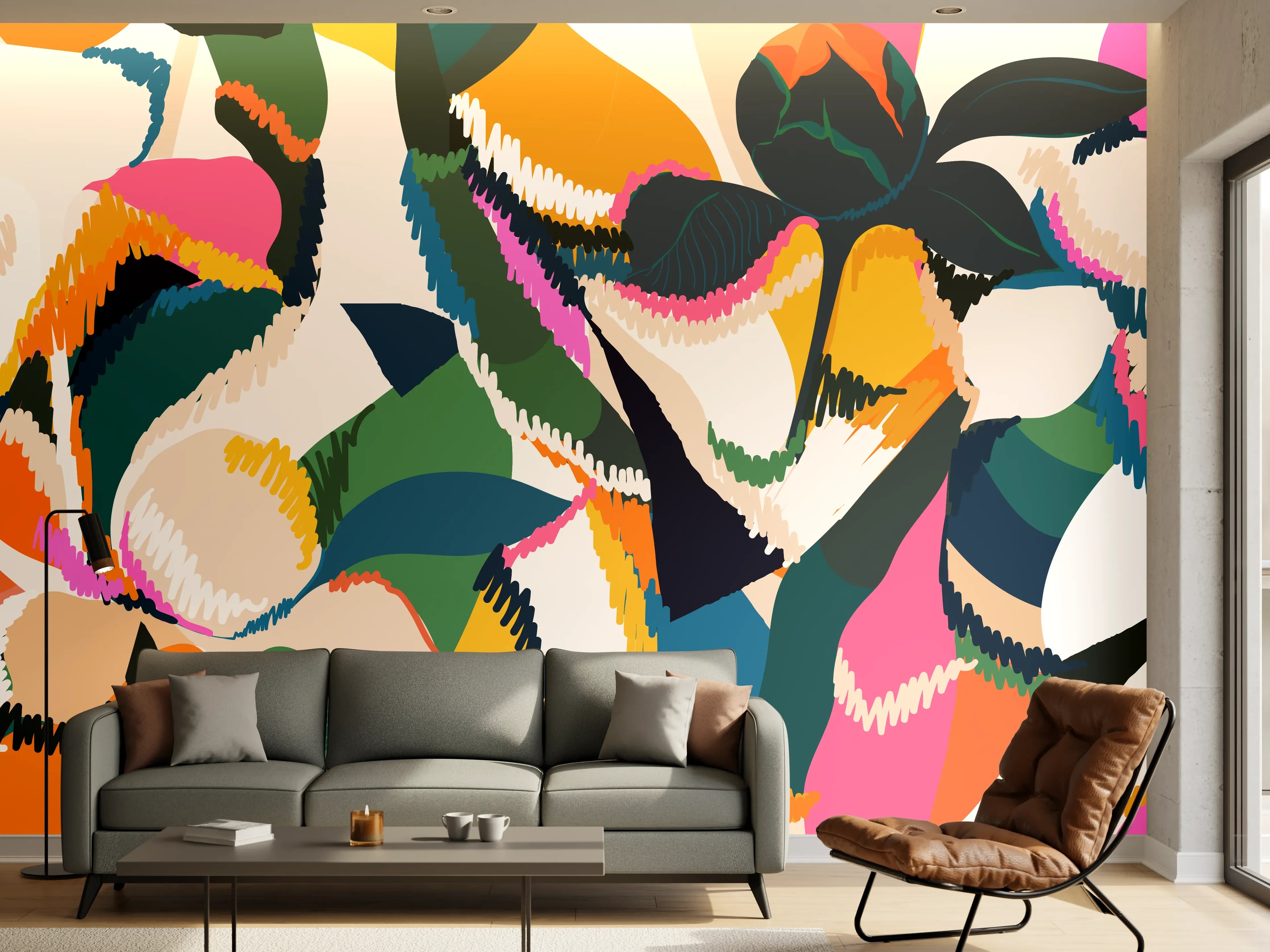 Wandverkleidung Wohnzimmer - Abstrakte Tropische Blumen Pink-Orange