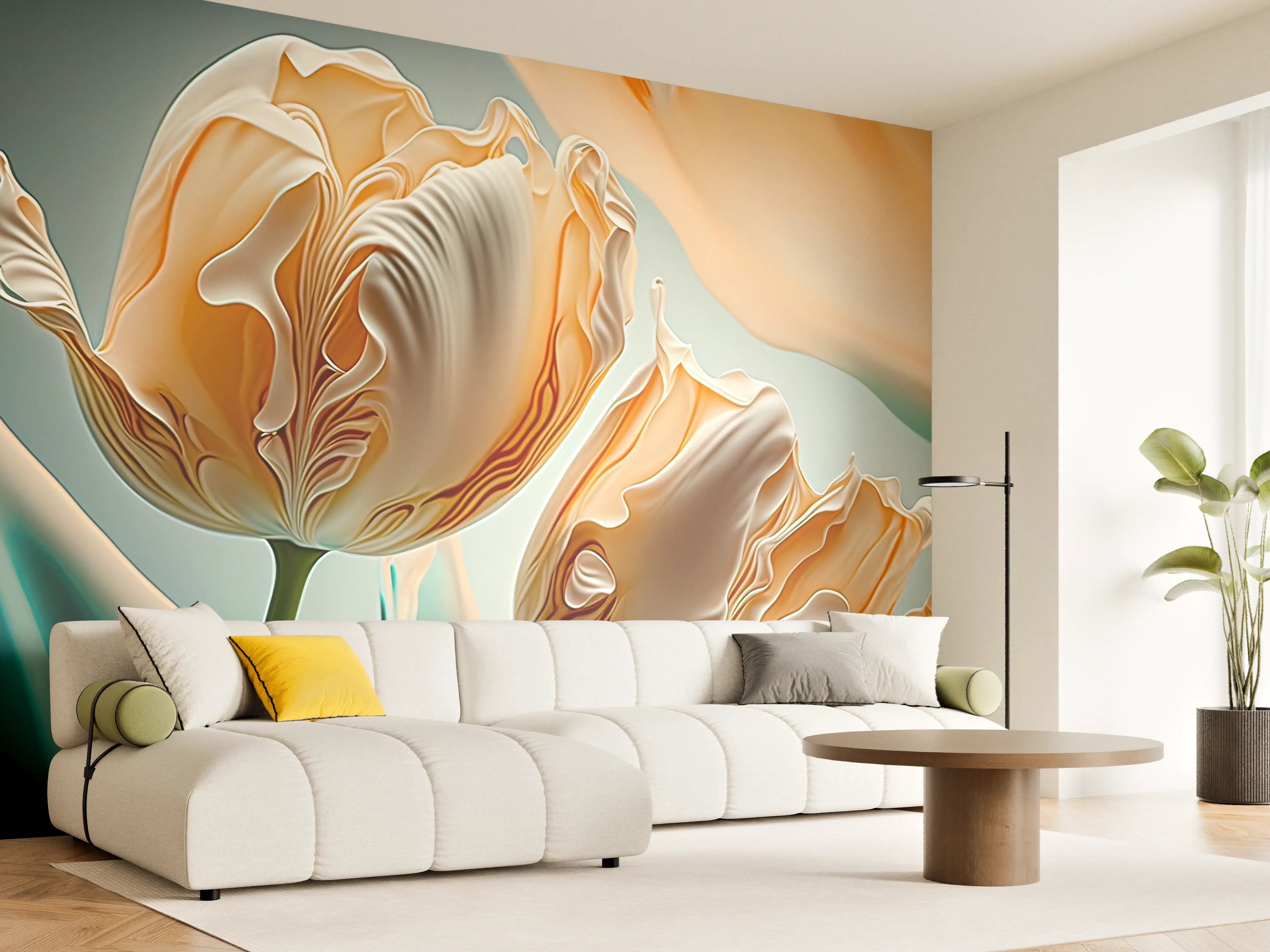 Wandverkleidung Wohnzimmer - Abstrakte Tulpen in sanften Farben