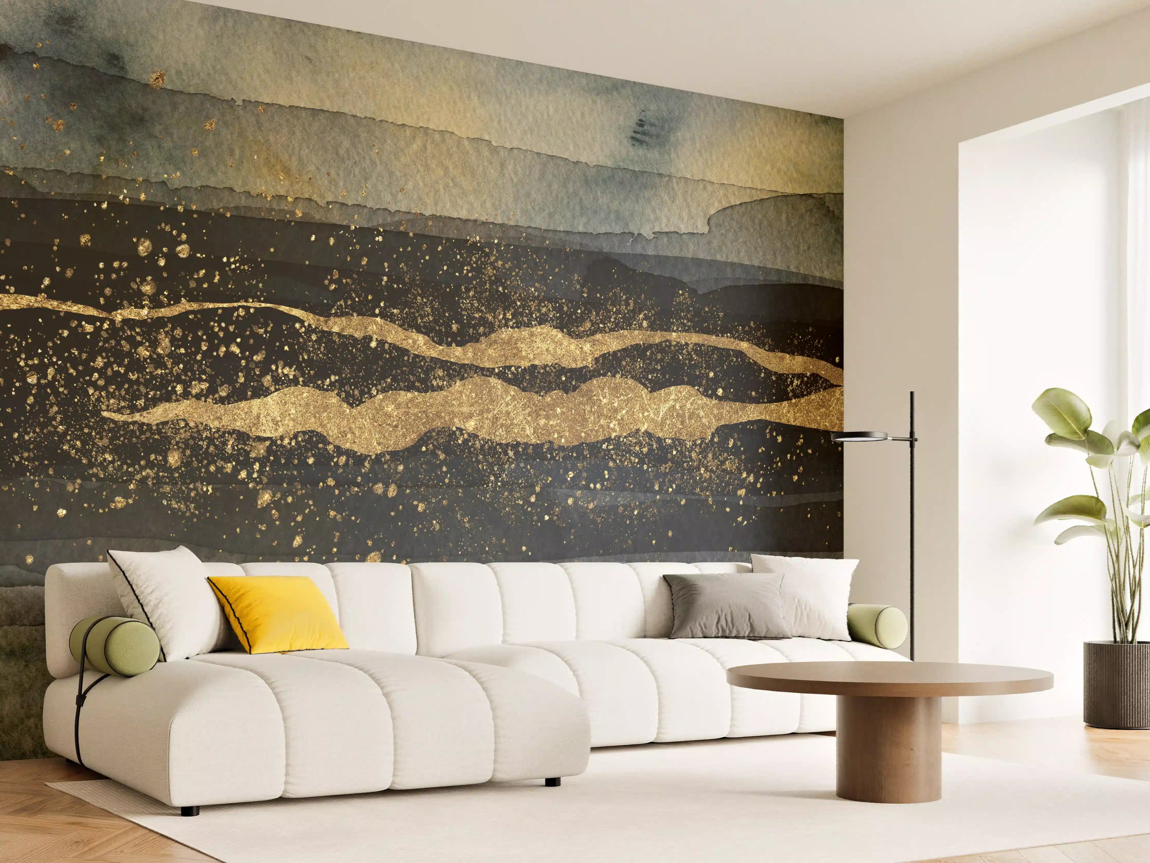 Wandverkleidung Wohnzimmer - Abstrakte Wasserfarbenkunst mit Goldakzenten