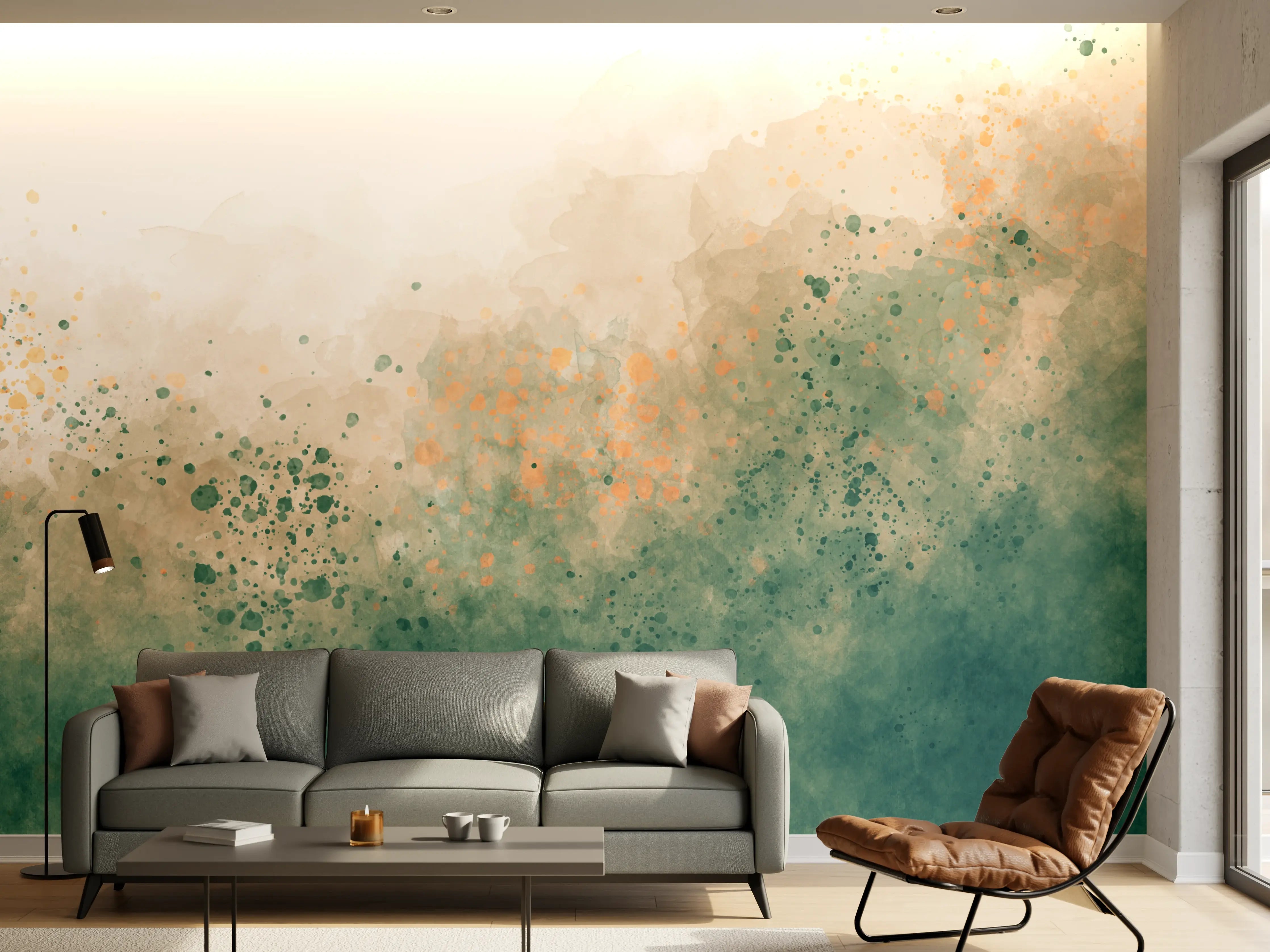 Wandverkleidung Wohnzimmer - Abstrakte Wasserfarbentöne in Grün und Beige