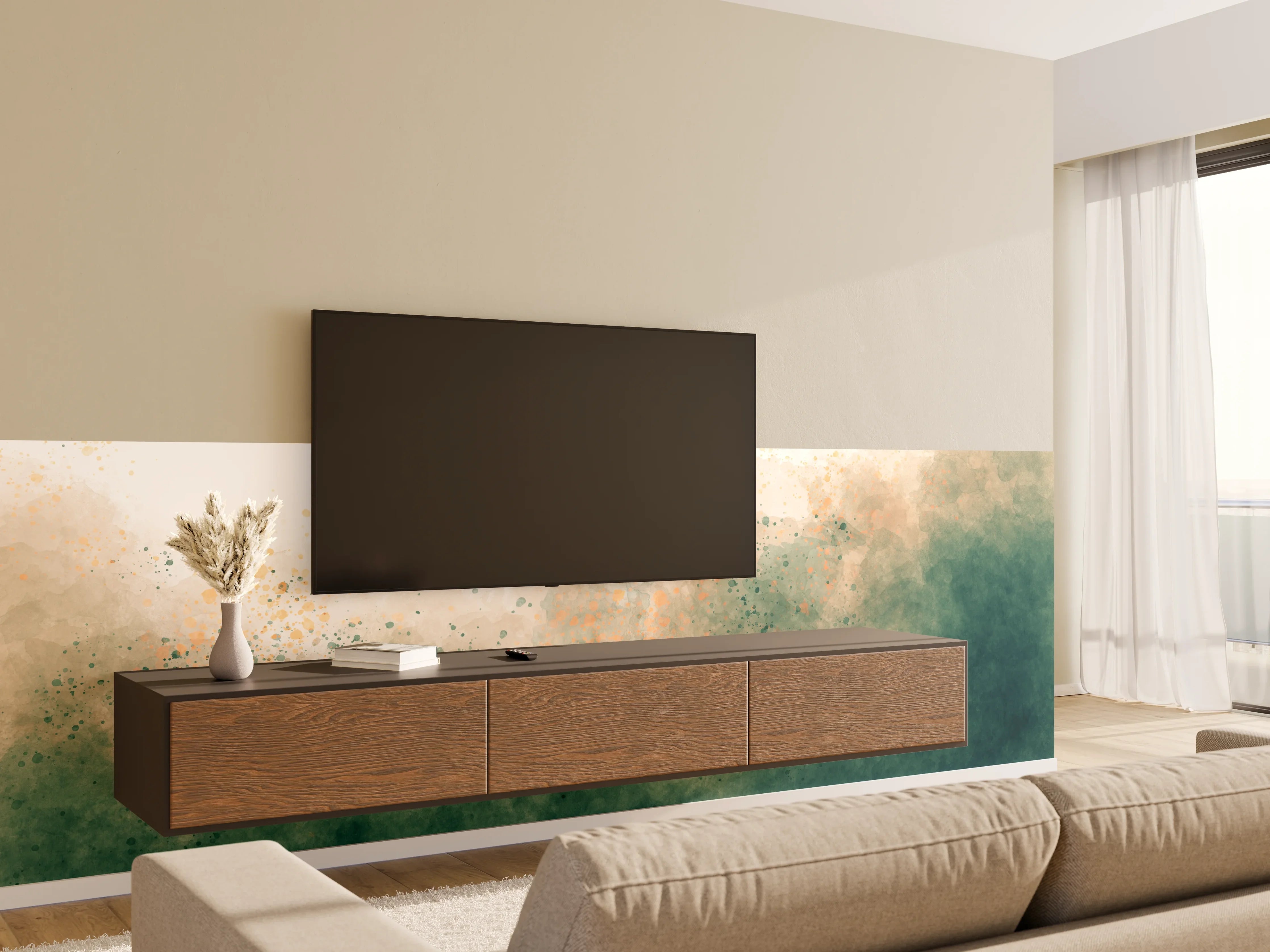 Wandverkleidung Wohnzimmer - Abstrakte Wasserfarbentöne in Grün und Beige