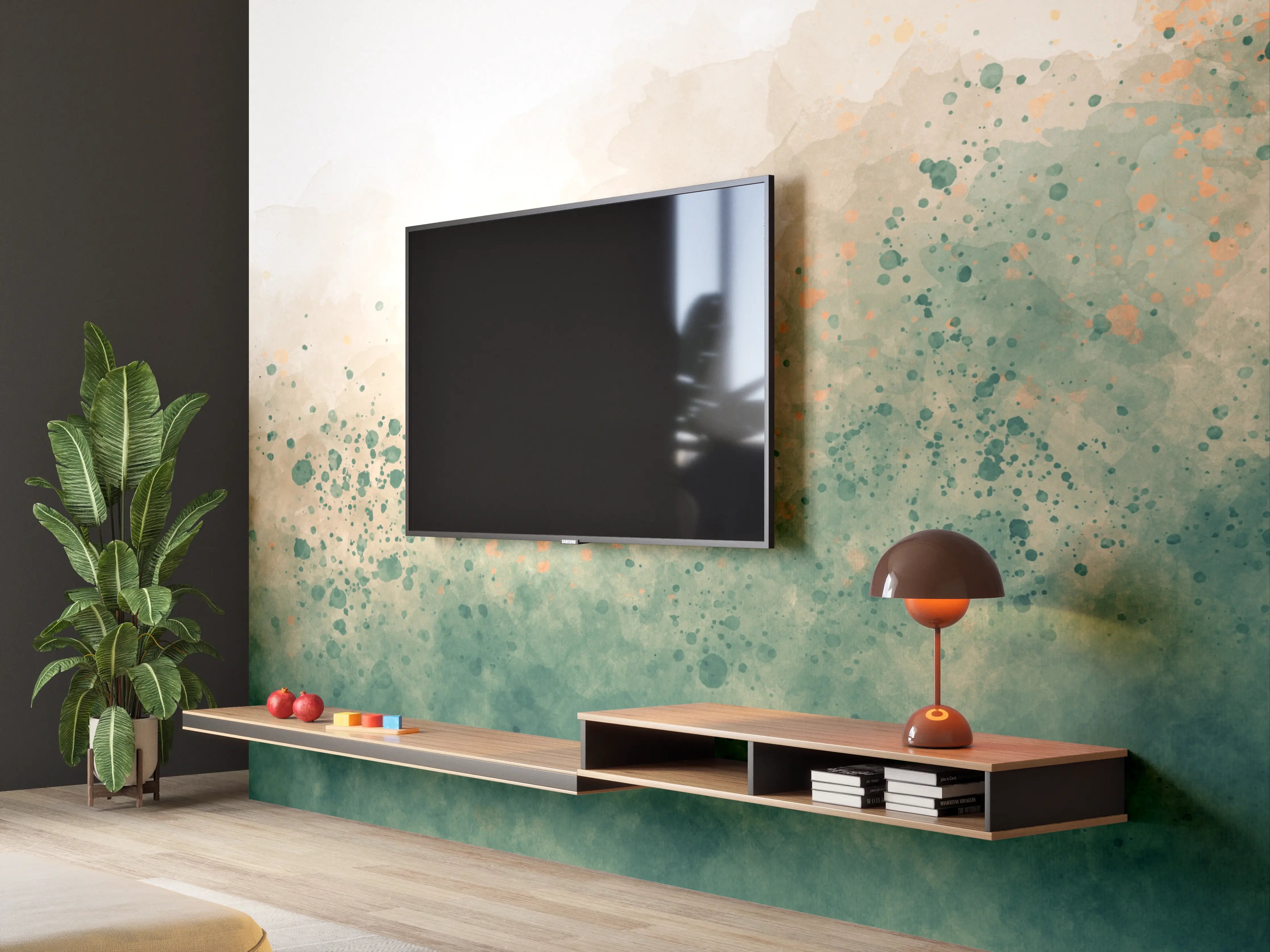 Wandverkleidung Wohnzimmer - Abstrakte Wasserfarbentöne in Grün und Beige