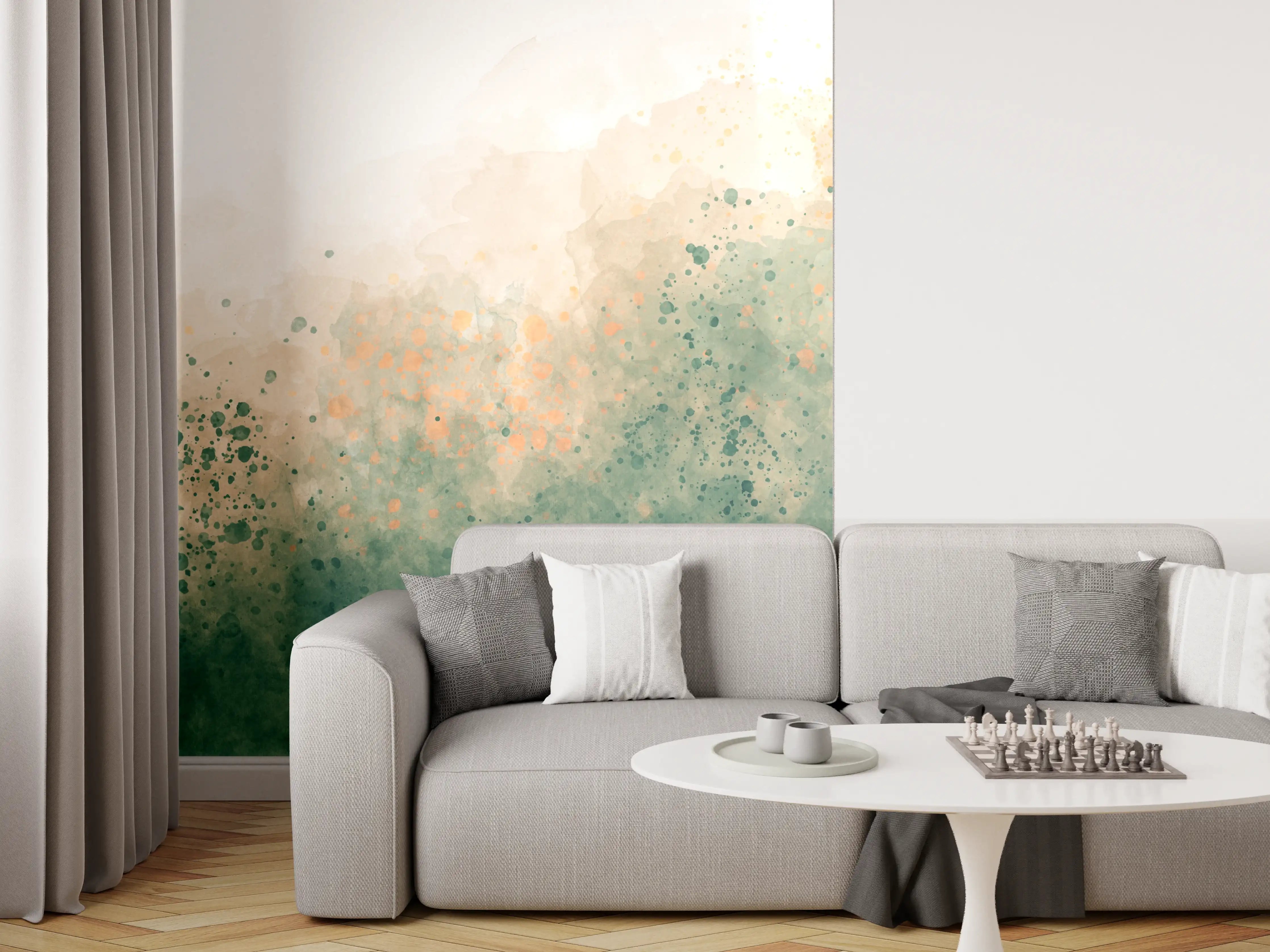 Wandverkleidung Wohnzimmer - Abstrakte Wasserfarbentöne in Grün und Beige