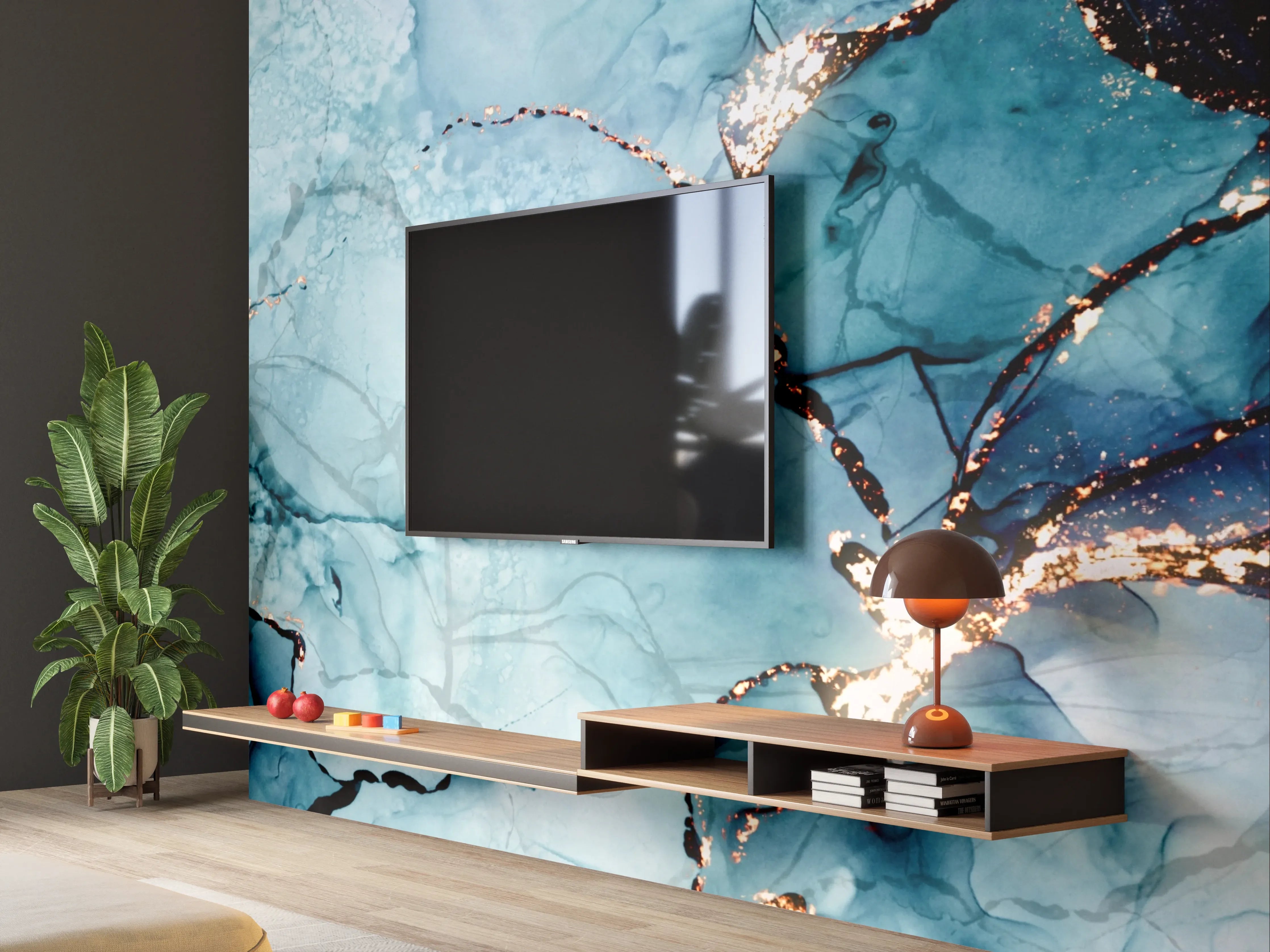 Wandverkleidung Wohnzimmer - Abstrakte Wassermarmor-Optik mit Goldakzenten