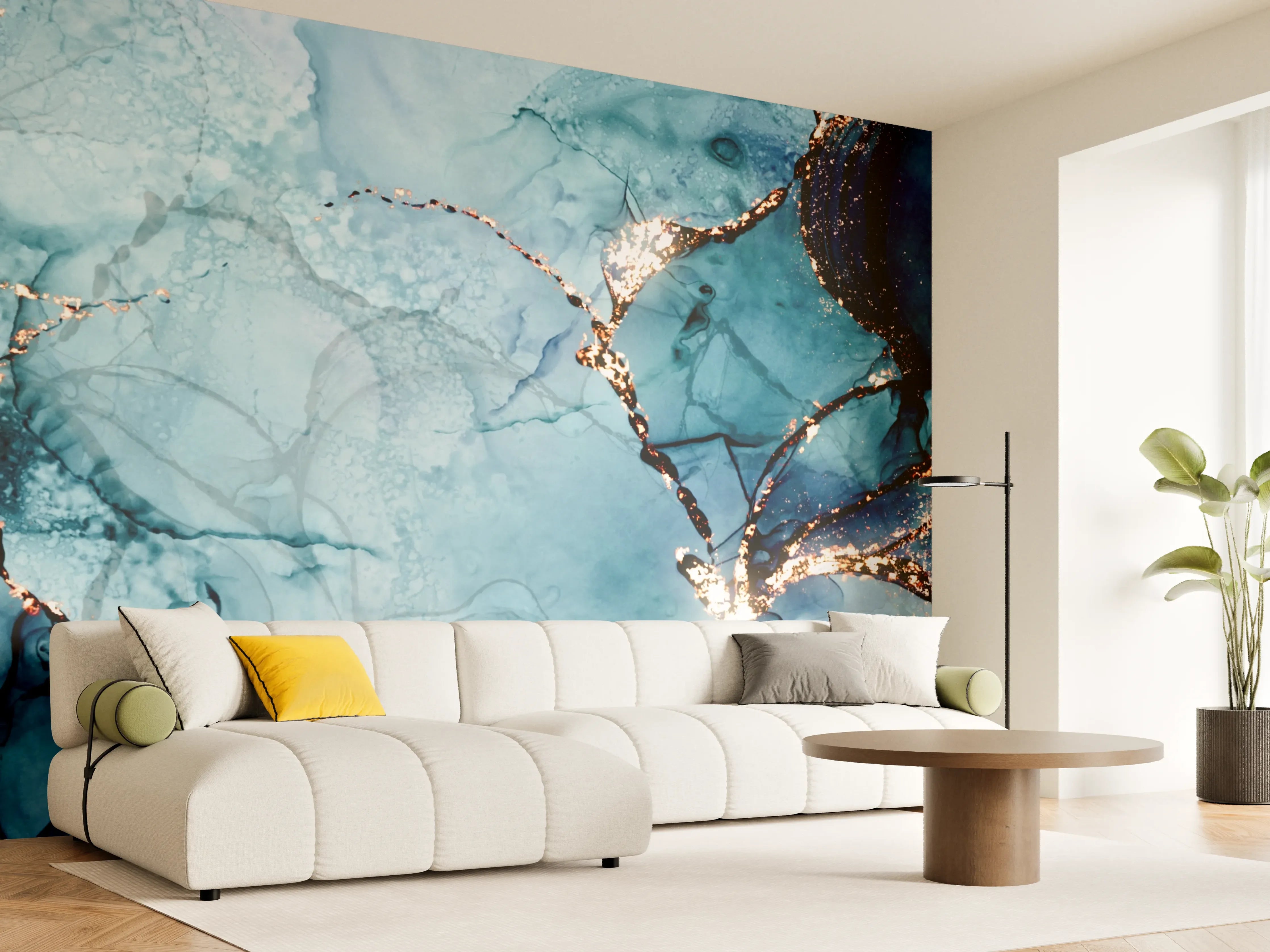 Wandverkleidung Wohnzimmer - Abstrakte Wassermarmor-Optik mit Goldakzenten