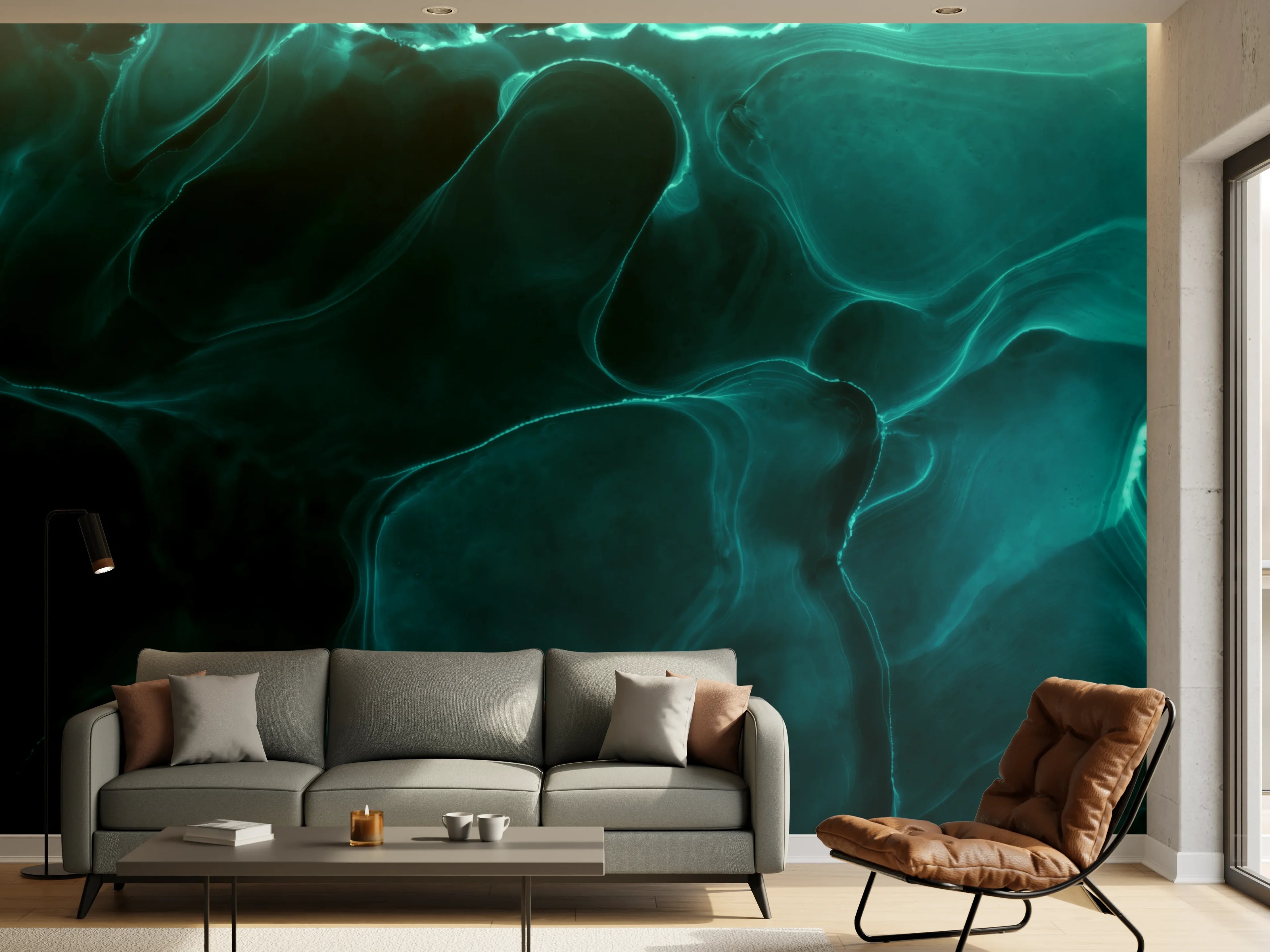 Wandverkleidung Wohnzimmer - Abstrakte Wasseroberfläche mit leuchtenden Linien