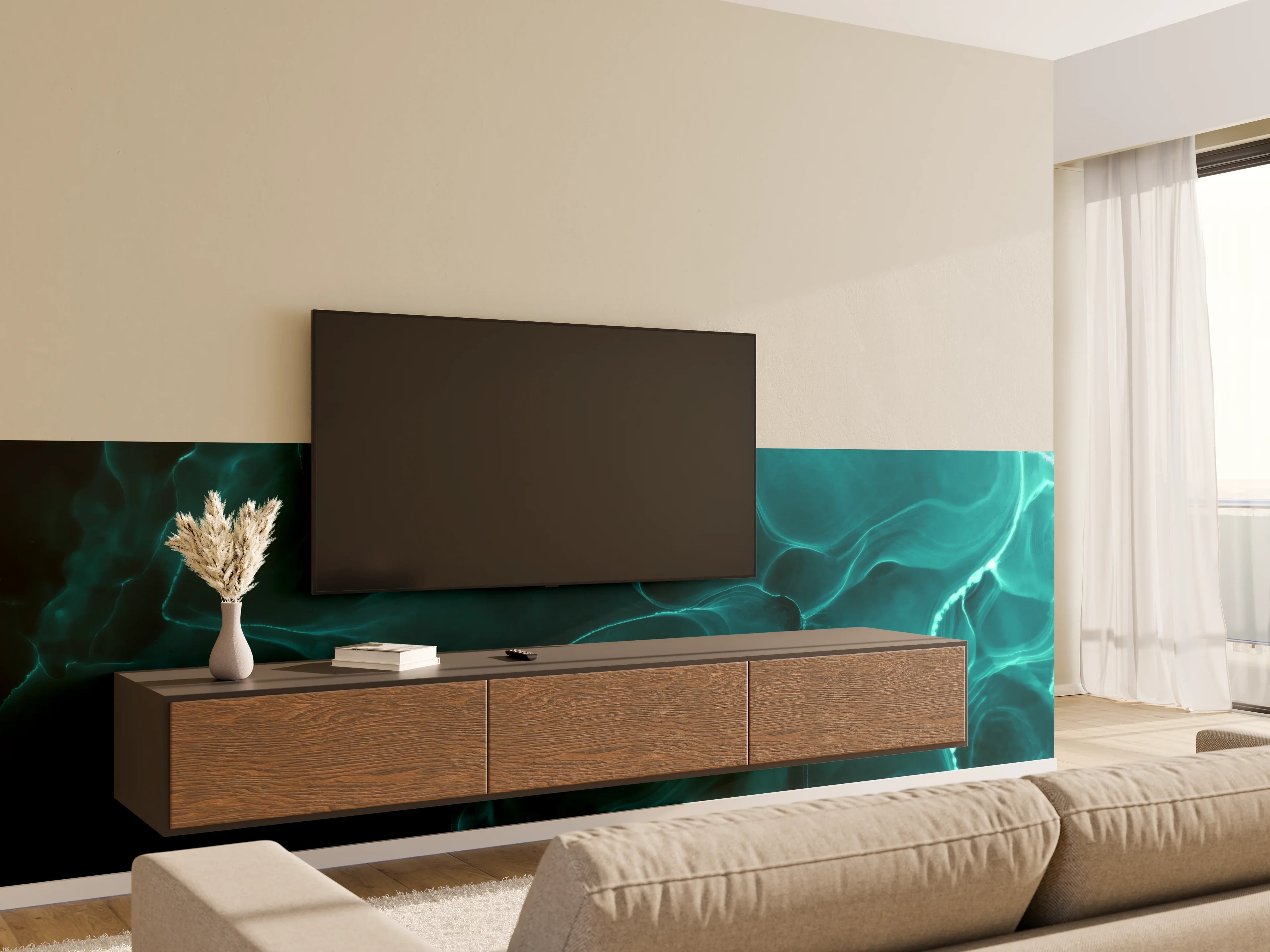 Wandverkleidung Wohnzimmer - Abstrakte Wasseroberfläche mit leuchtenden Linien