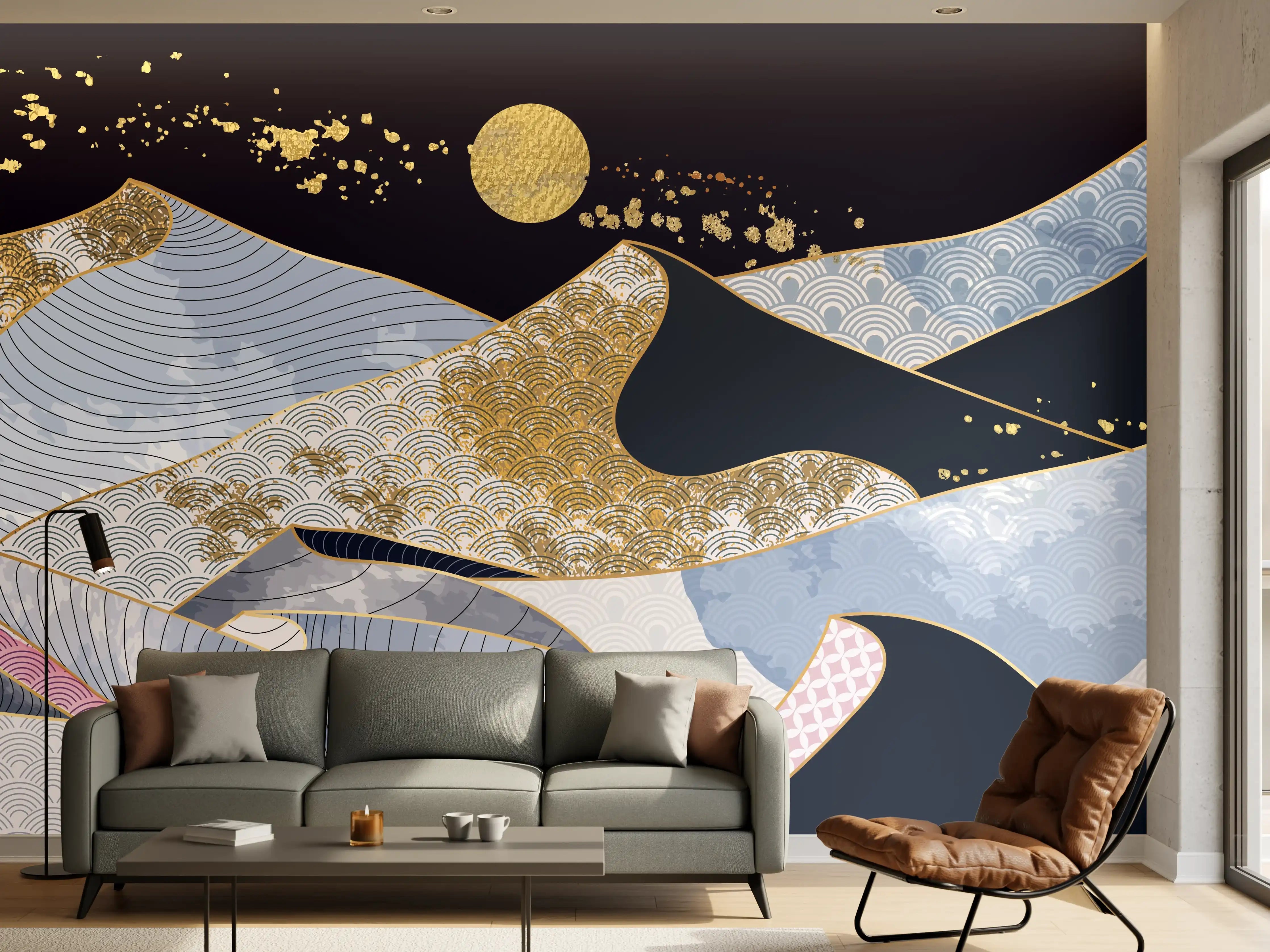 Wandverkleidung Wohnzimmer - Abstrakte Wellen Gold Blau