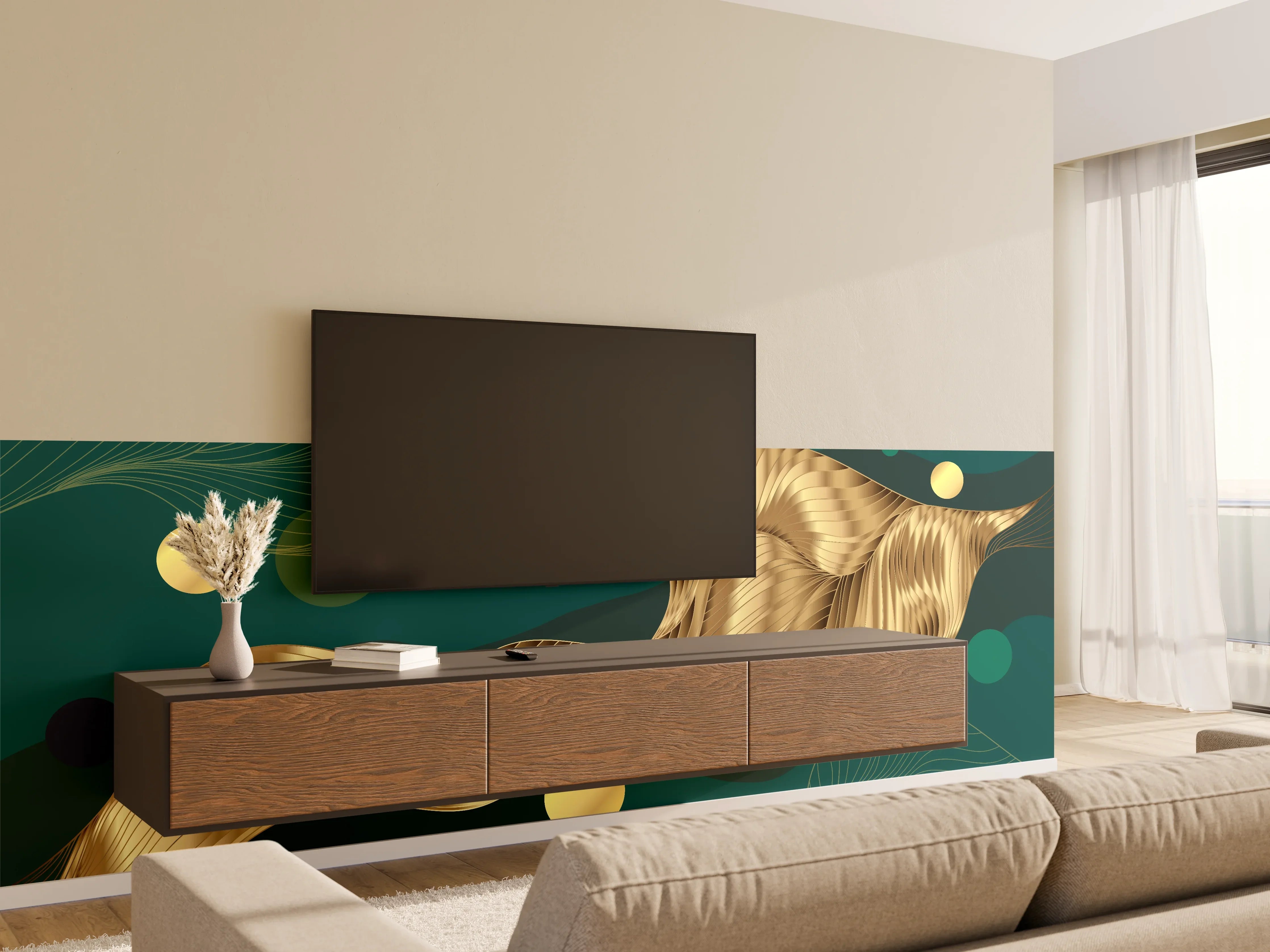 Wandverkleidung Wohnzimmer - Abstrakte Wellen Gold Hintergrund
