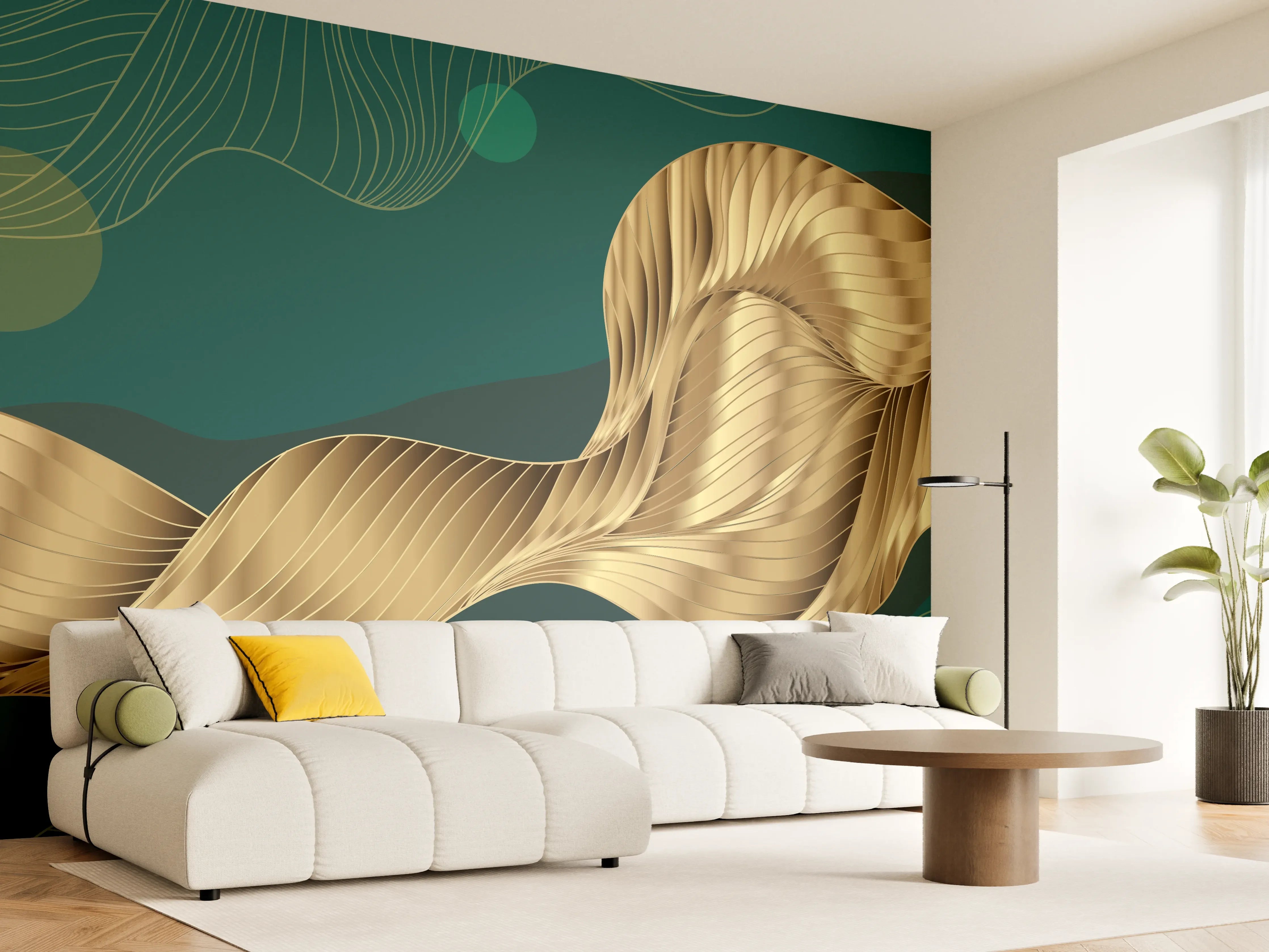Wandverkleidung Wohnzimmer - Abstrakte Wellen Gold Hintergrund