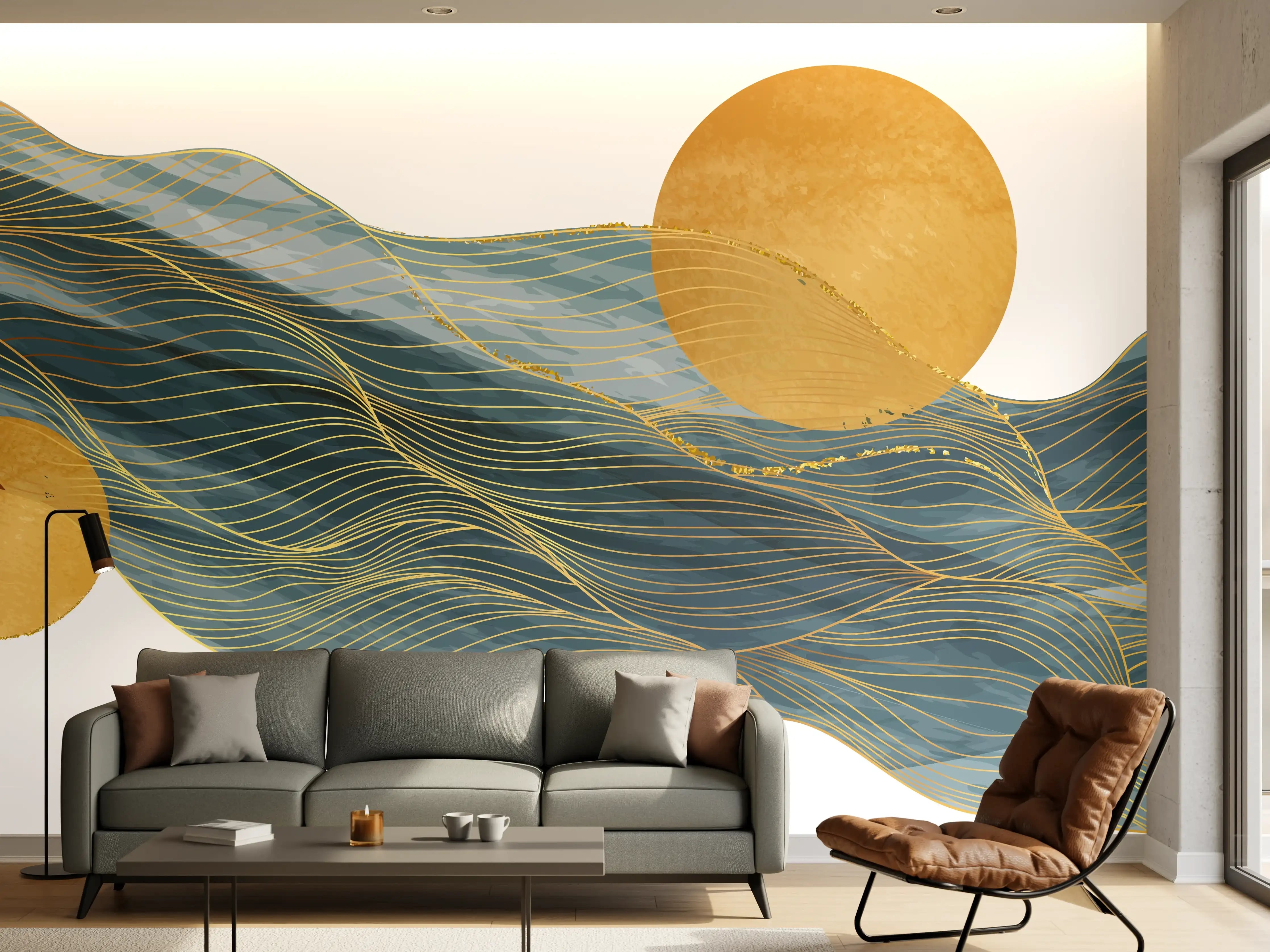 Wandverkleidung Wohnzimmer - Abstrakte Wellen Goldakzente