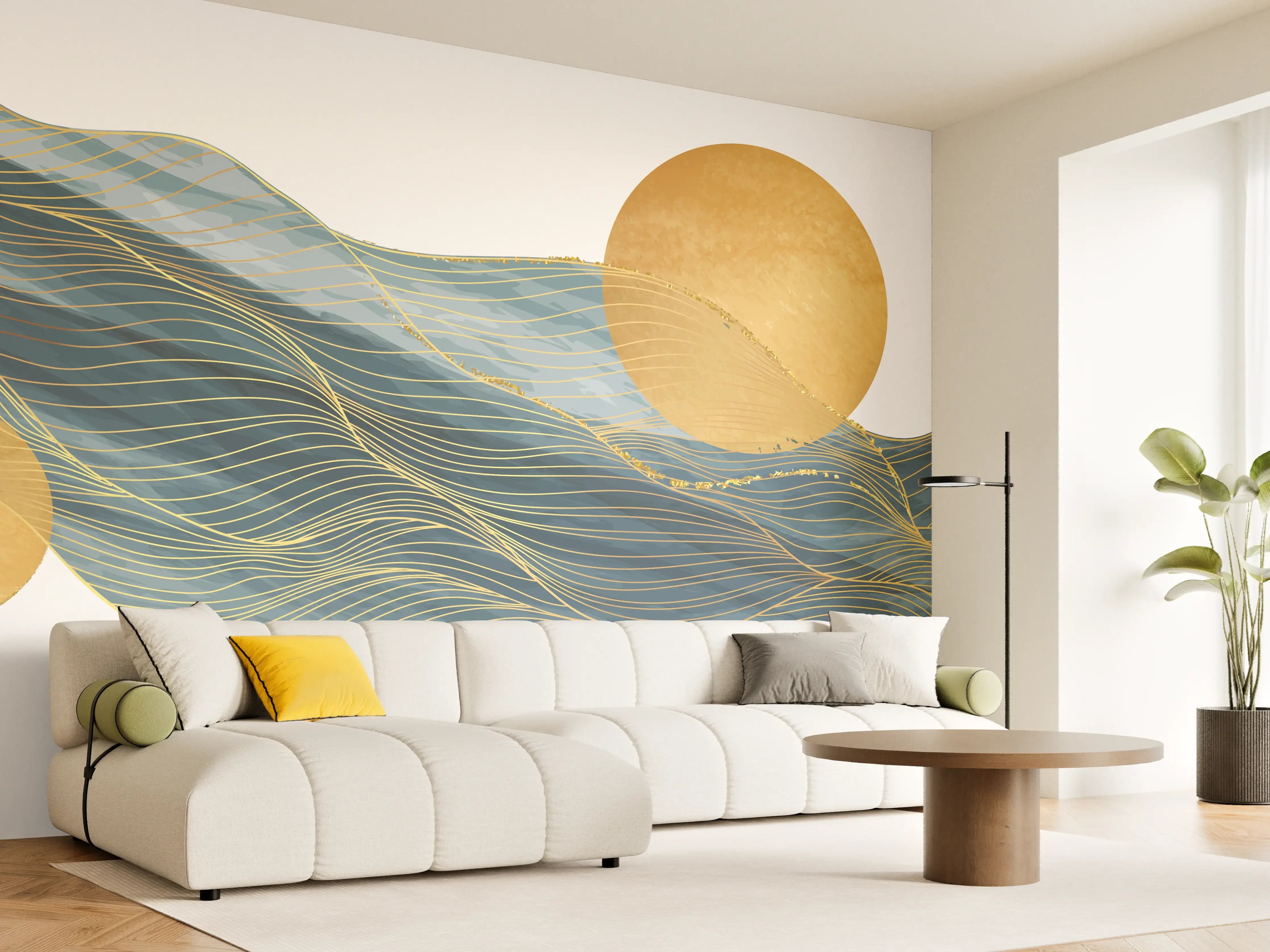 Wandverkleidung Wohnzimmer - Abstrakte Wellen Goldakzente