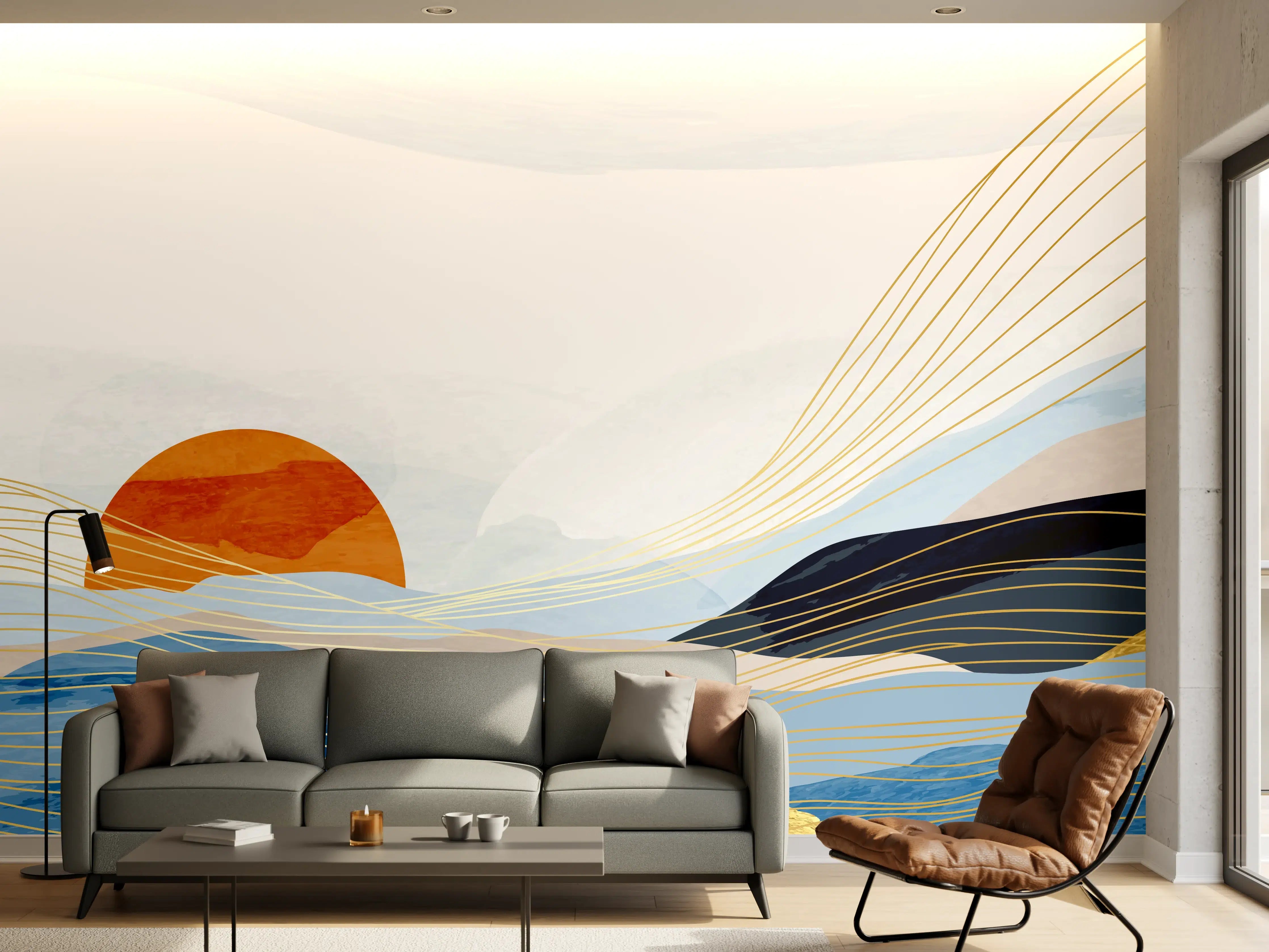 Wandverkleidung Wohnzimmer - Abstrakte Wellen Kunst Sonnenaufgang