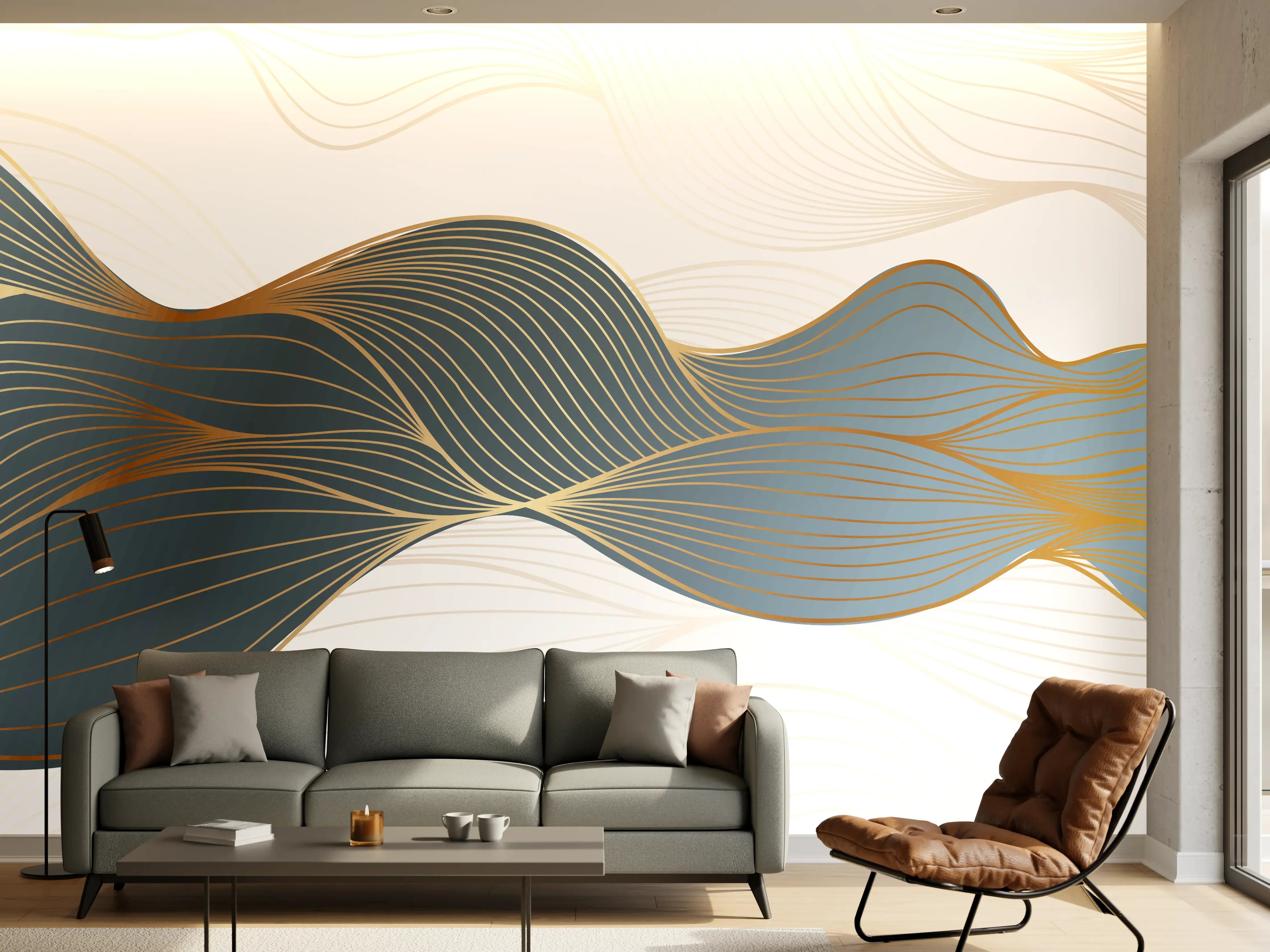 Wandverkleidung Wohnzimmer - Abstrakte Wellenlinien Gold Blau