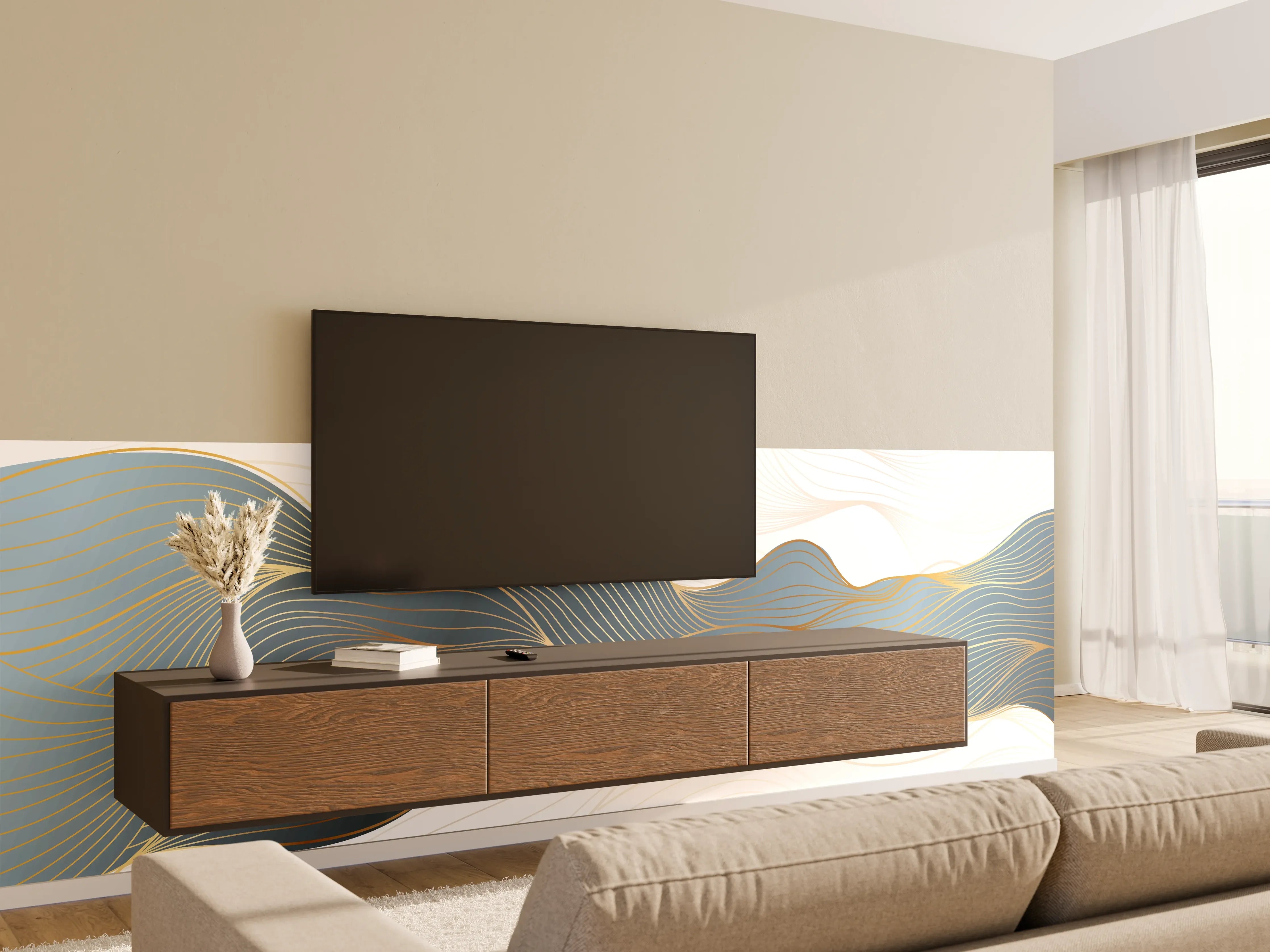 Wandverkleidung Wohnzimmer - Abstrakte Wellenlinien Gold Blau