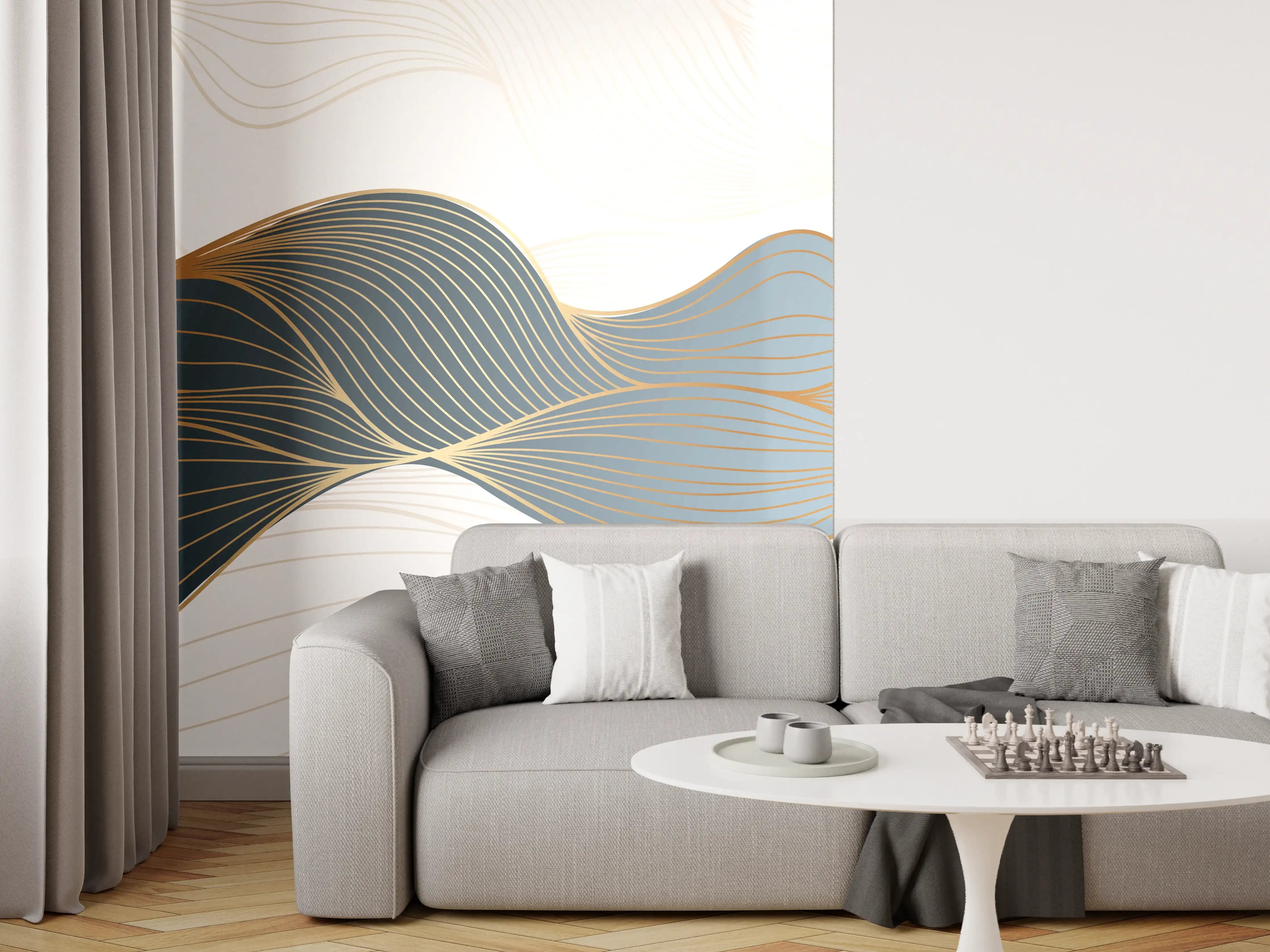 Wandverkleidung Wohnzimmer - Abstrakte Wellenlinien Gold Blau