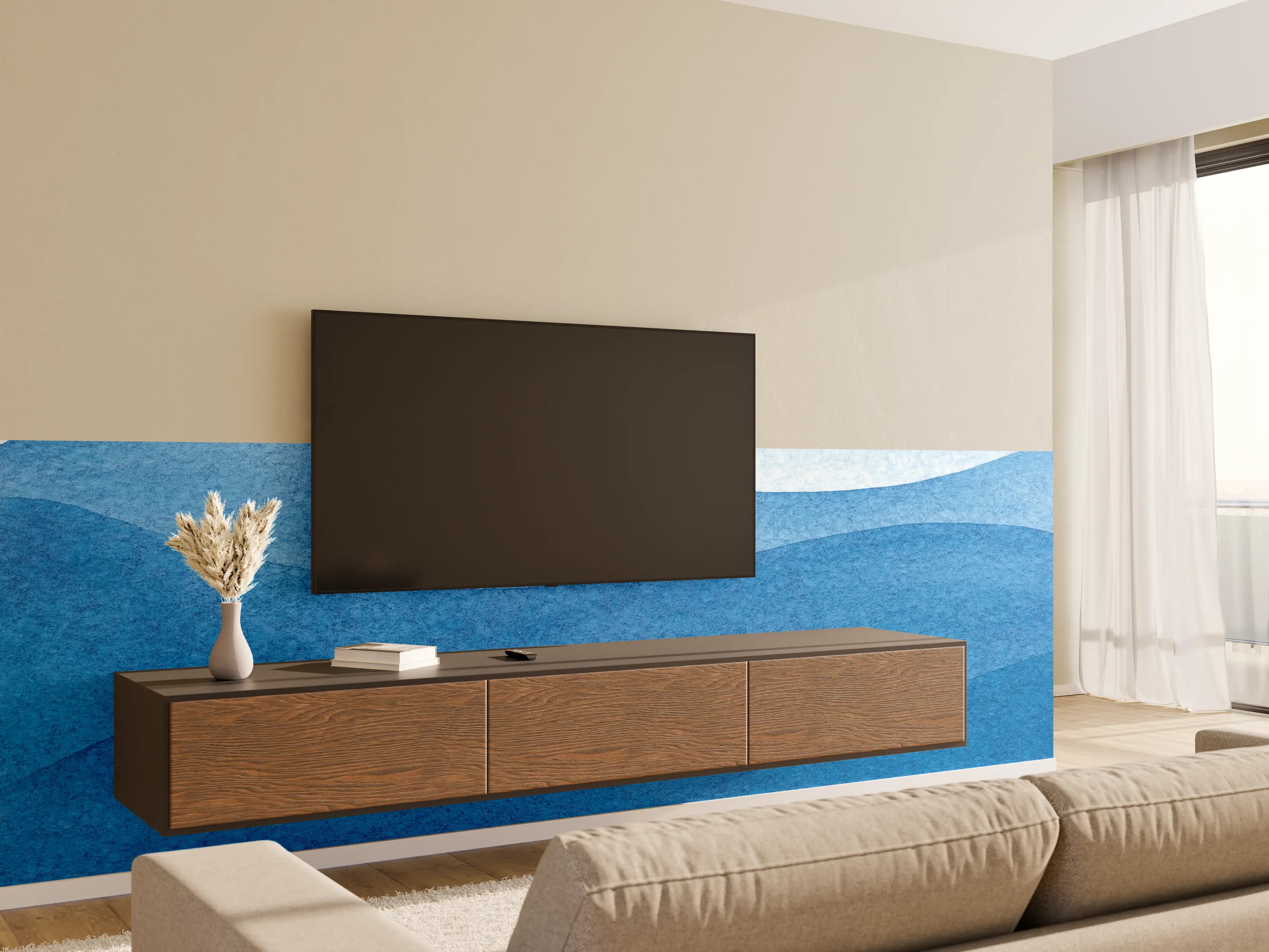 Wandverkleidung Wohnzimmer - Abstrakte Wellenmuster in Blau