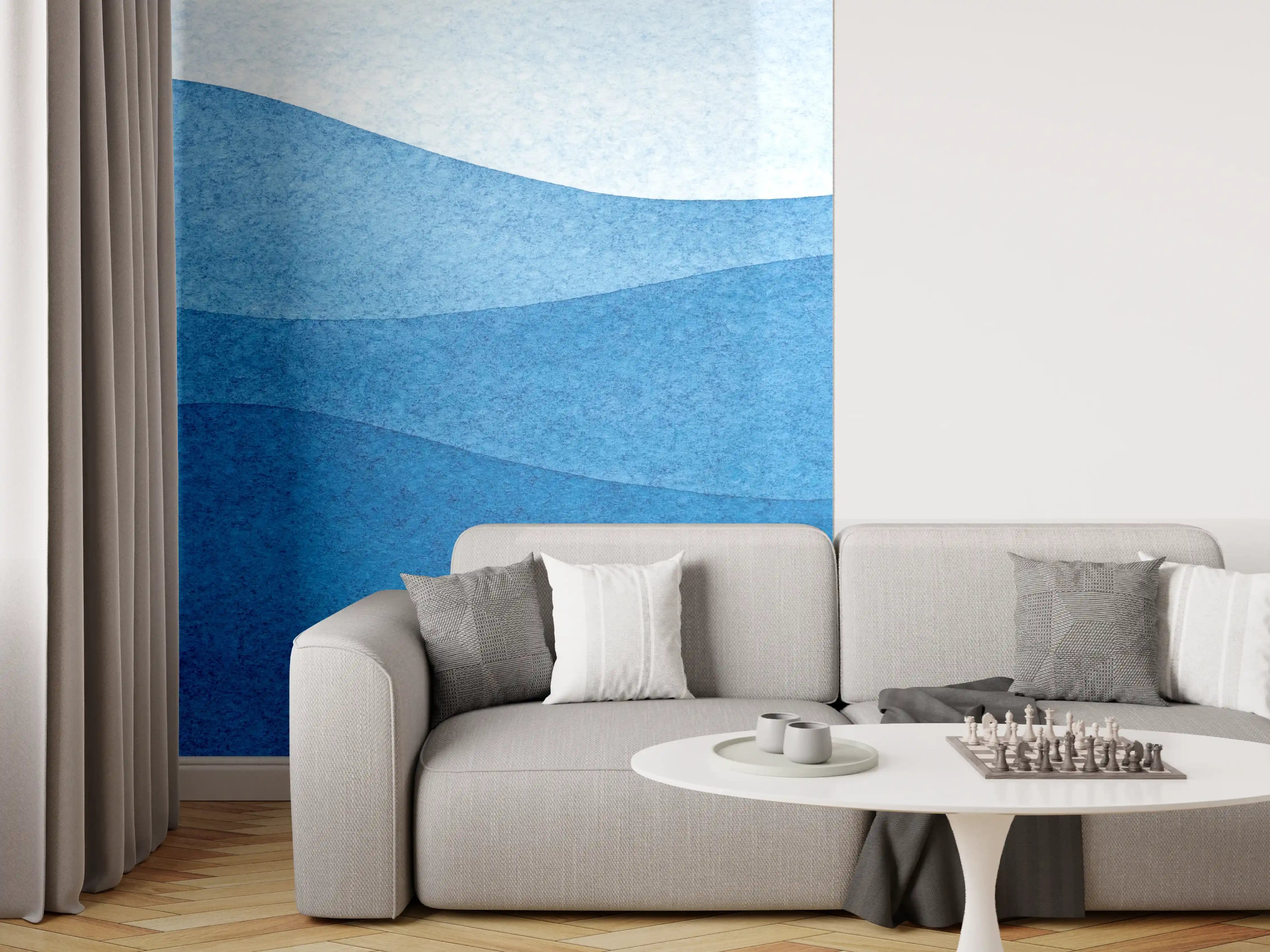 Wandverkleidung Wohnzimmer - Abstrakte Wellenmuster in Blau