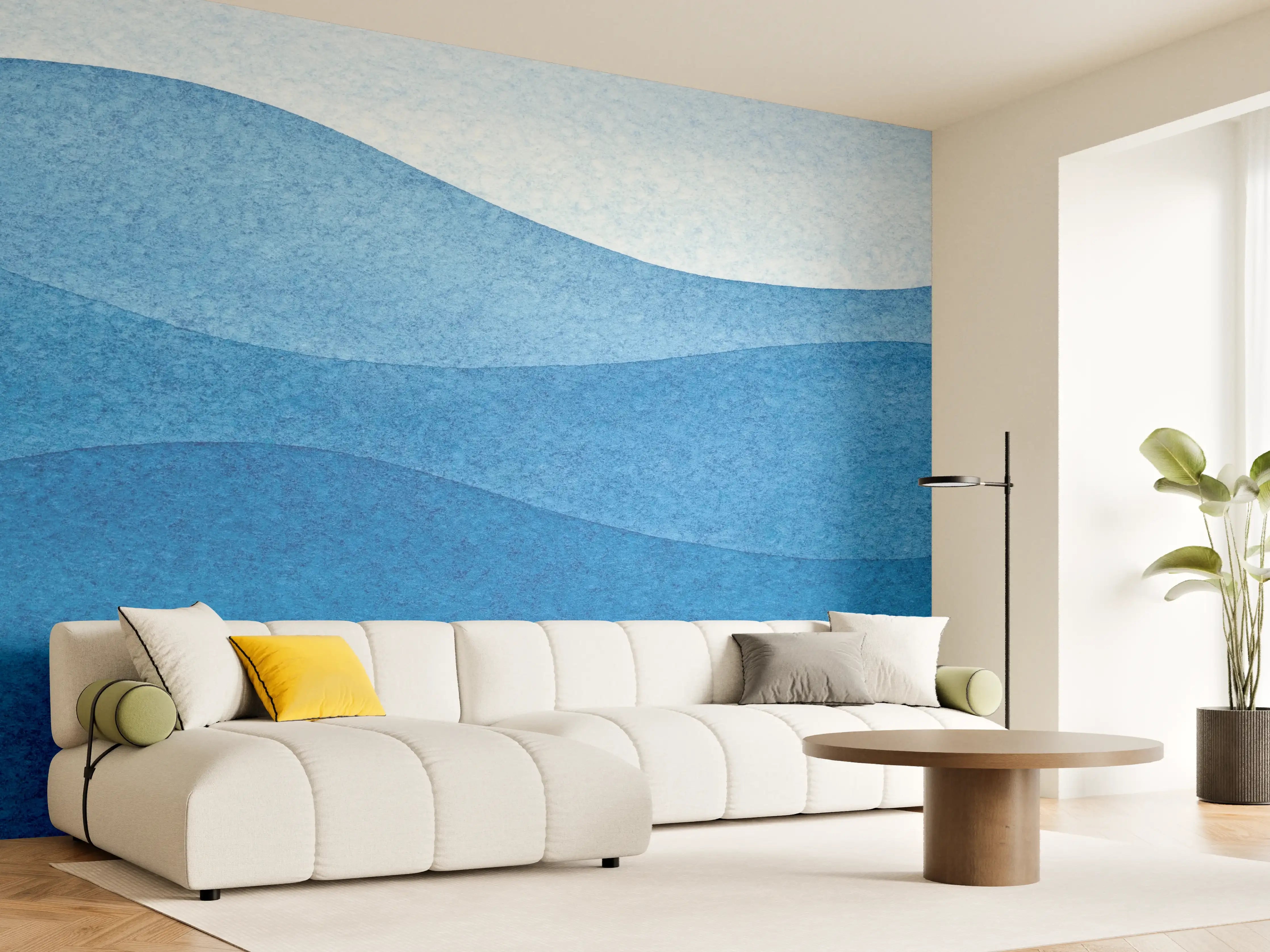 Wandverkleidung Wohnzimmer - Abstrakte Wellenmuster in Blau