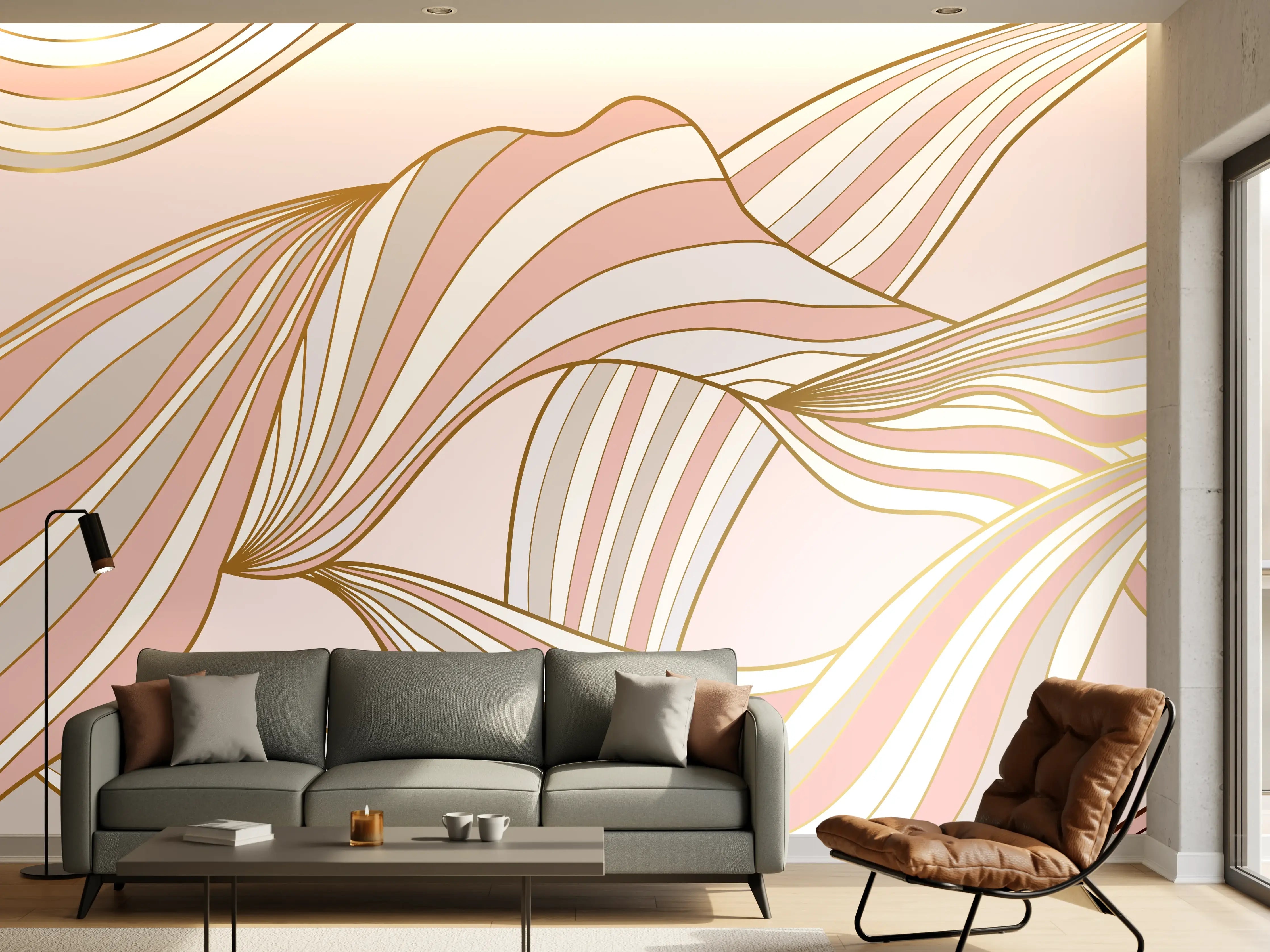 Wandverkleidung Wohnzimmer - Abstrakte Wogen Rosa Gold