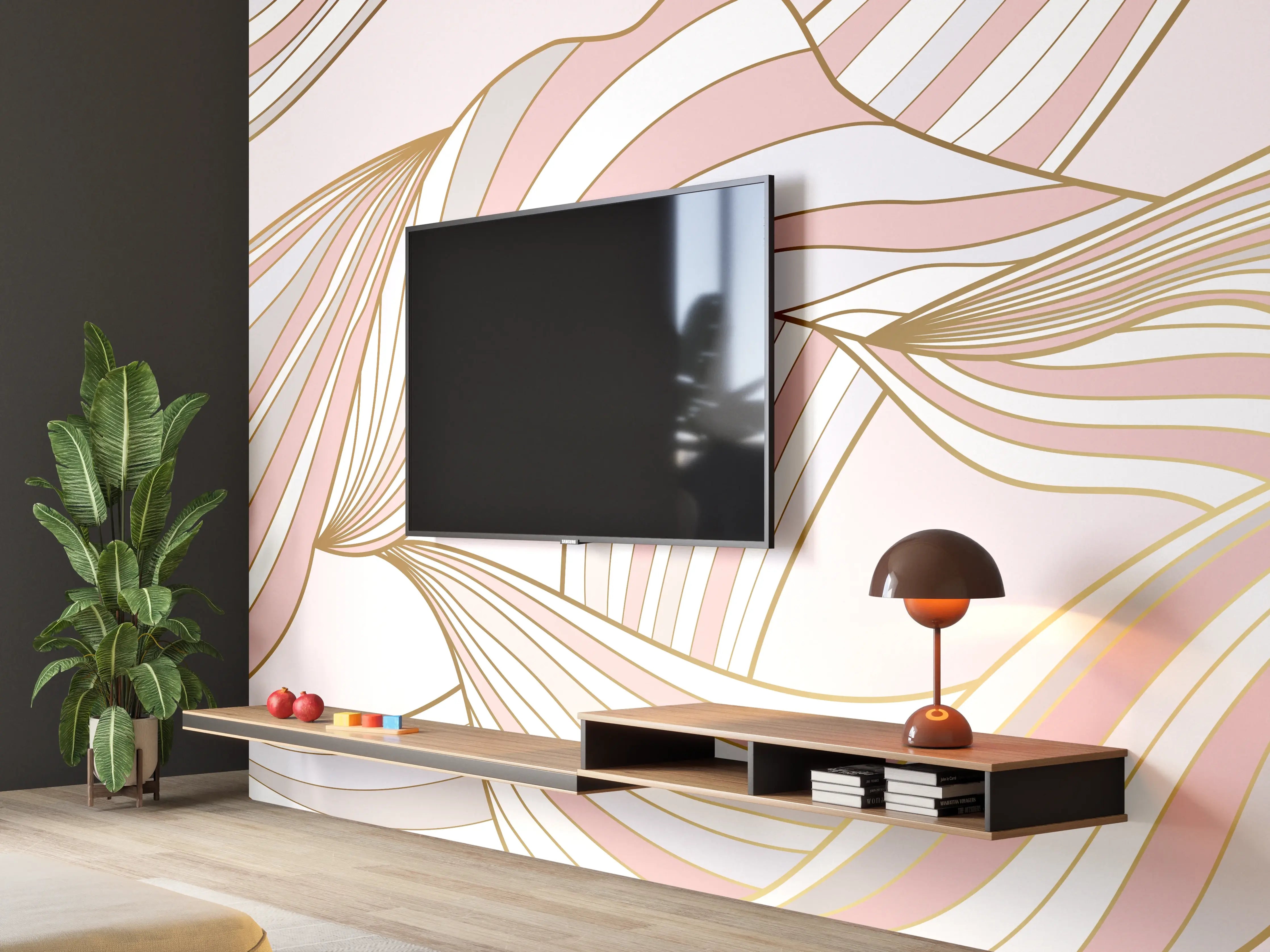 Wandverkleidung Wohnzimmer - Abstrakte Wogen Rosa Gold