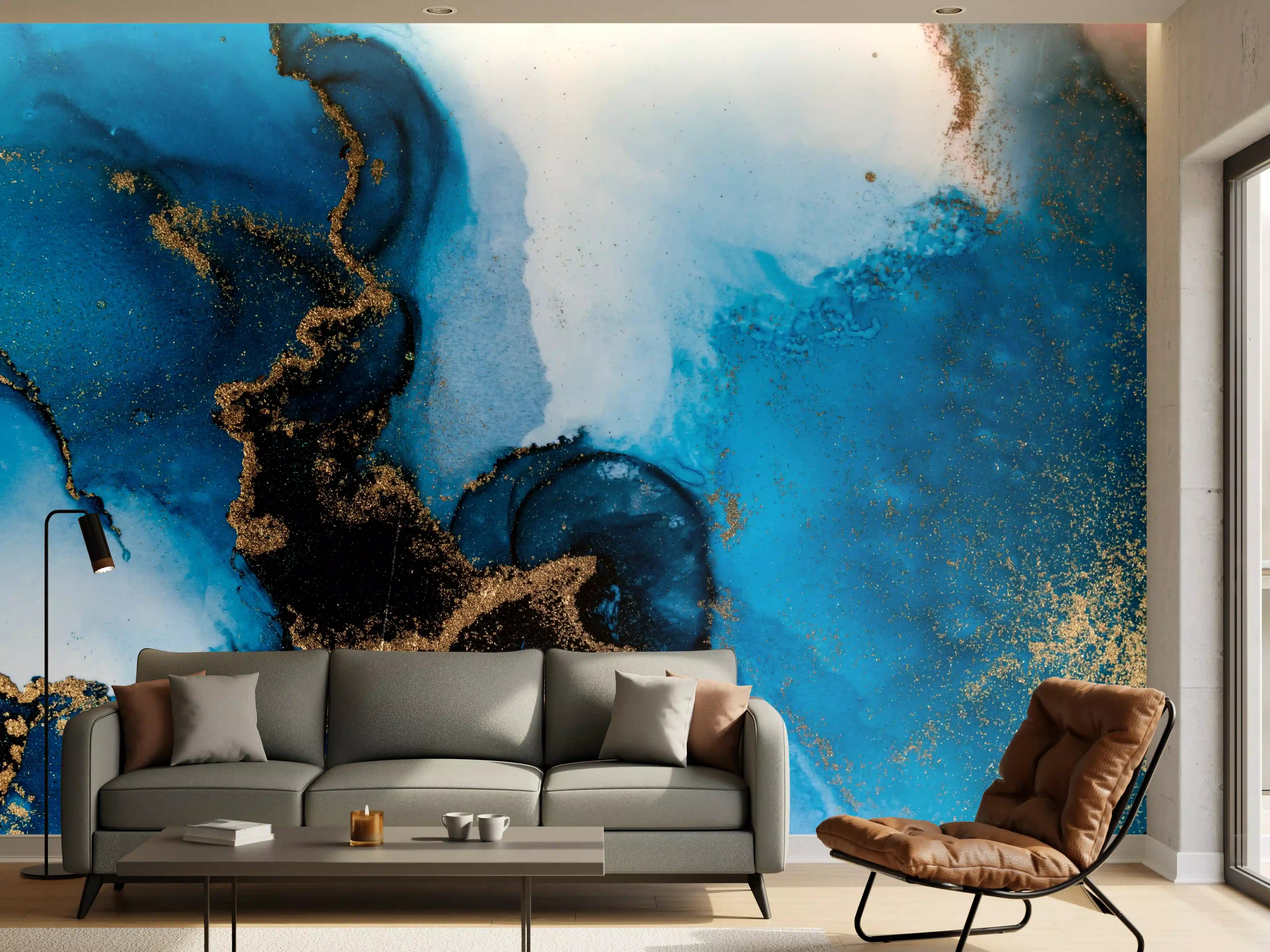 Wandverkleidung Wohnzimmer - Abstrakte blaue Kunst mit Goldakzenten