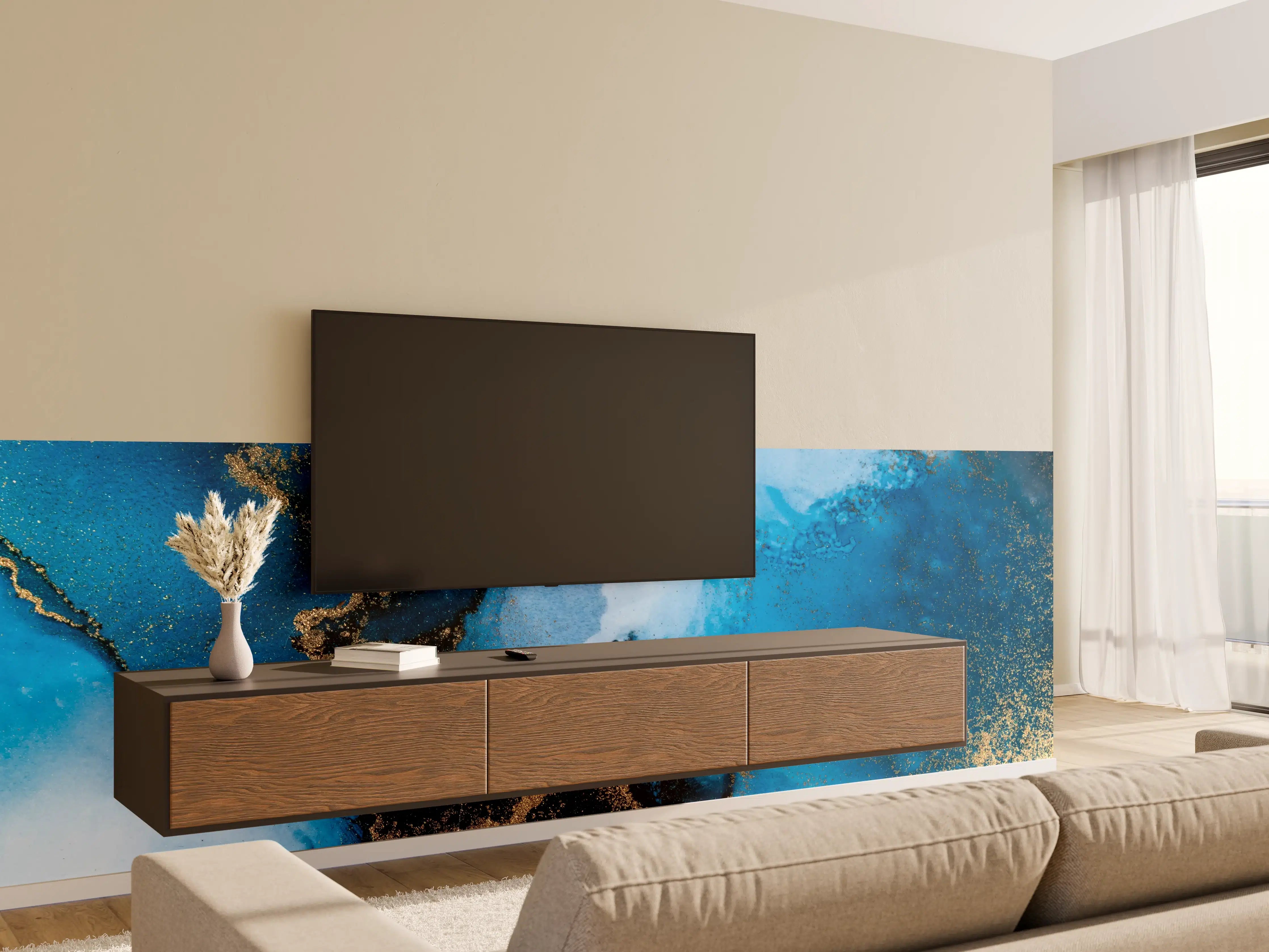 Wandverkleidung Wohnzimmer - Abstrakte blaue Kunst mit Goldakzenten