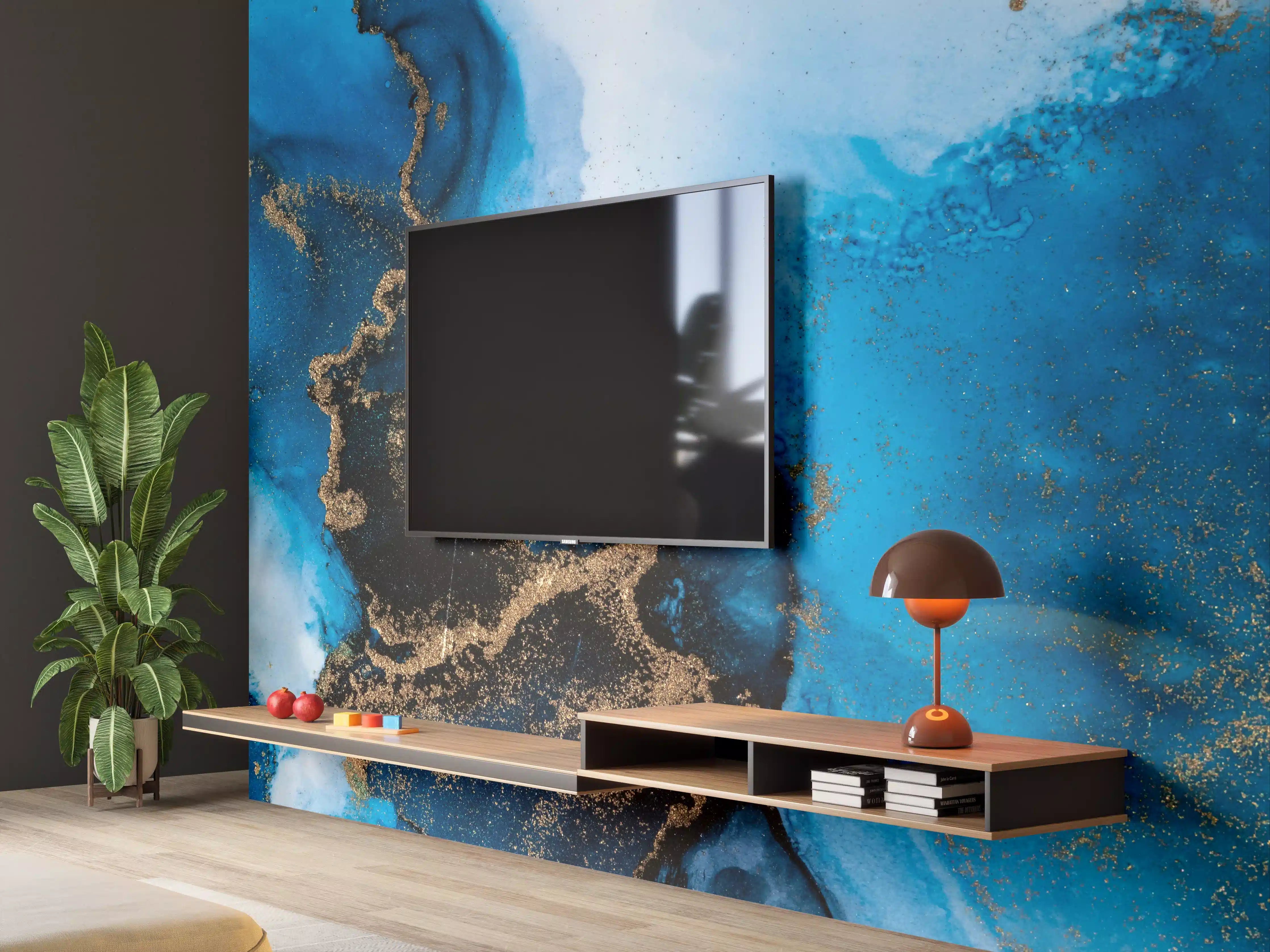 Wandverkleidung Wohnzimmer - Abstrakte blaue Kunst mit Goldakzenten