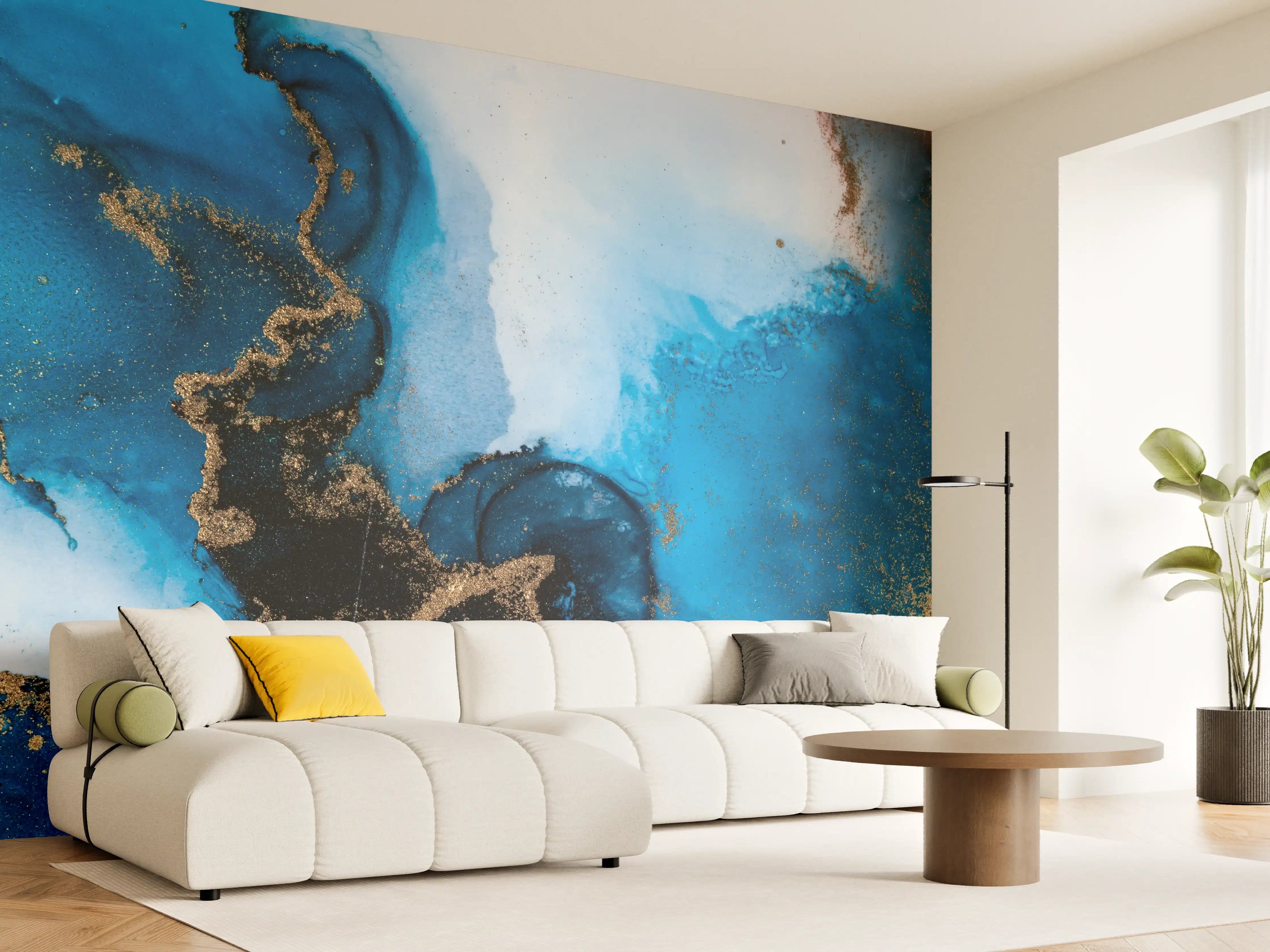 Wandverkleidung Wohnzimmer - Abstrakte blaue Kunst mit Goldakzenten