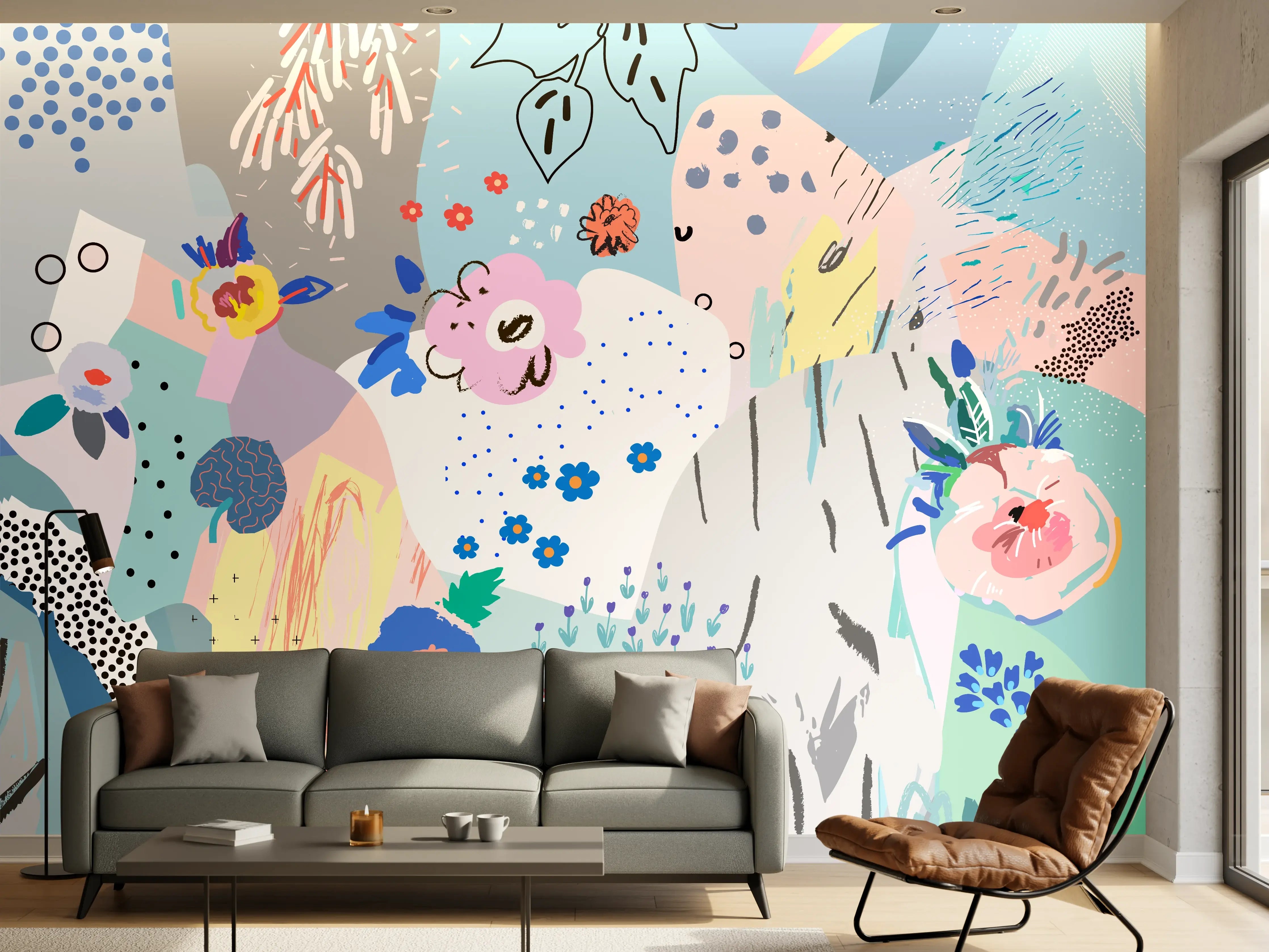 Wandverkleidung Wohnzimmer - Abstrakte bunte Blumen, Pflanzen und Natur-Motiv
