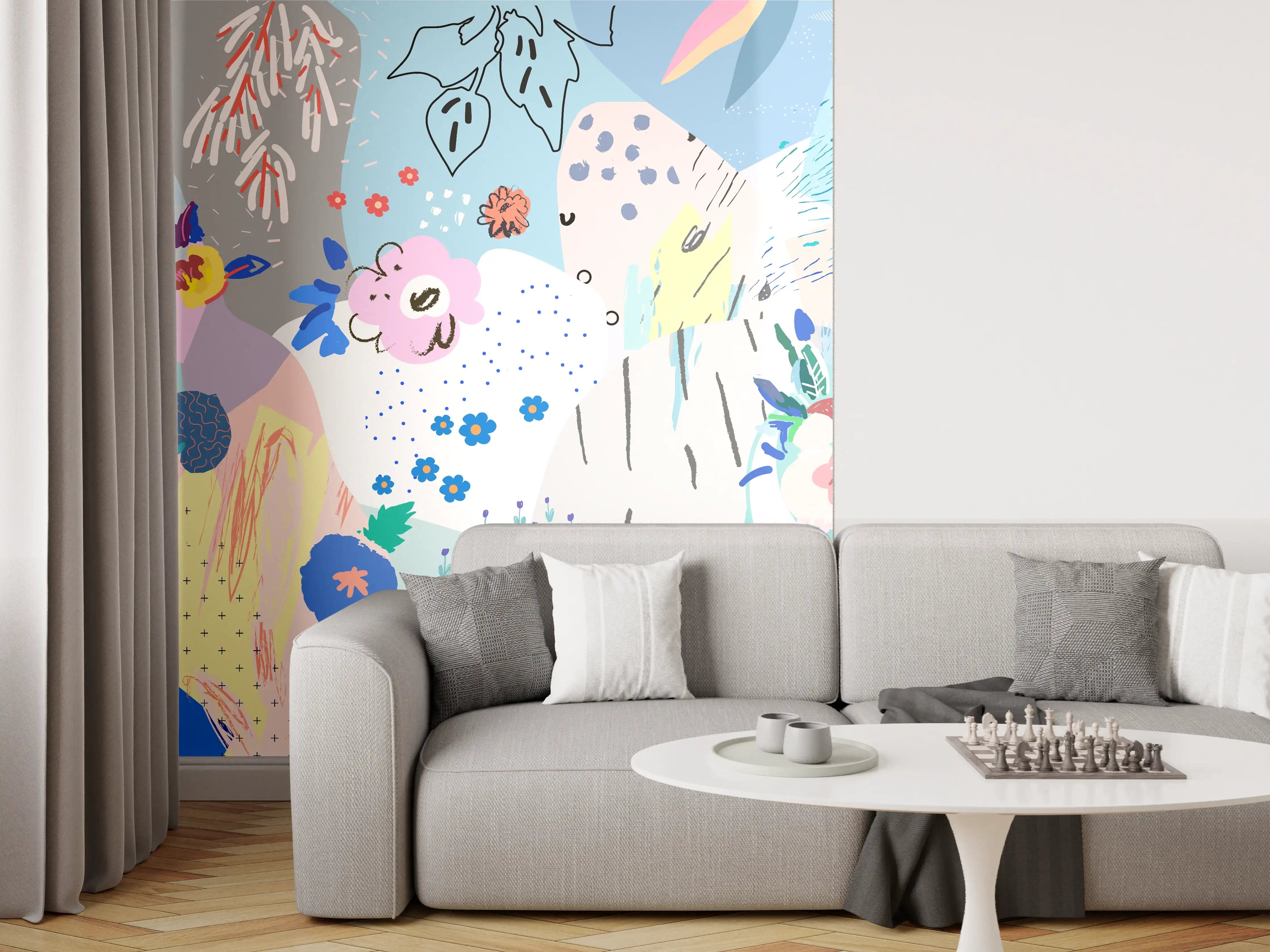 Wandverkleidung Wohnzimmer - Abstrakte bunte Blumen, Pflanzen und Natur-Motiv
