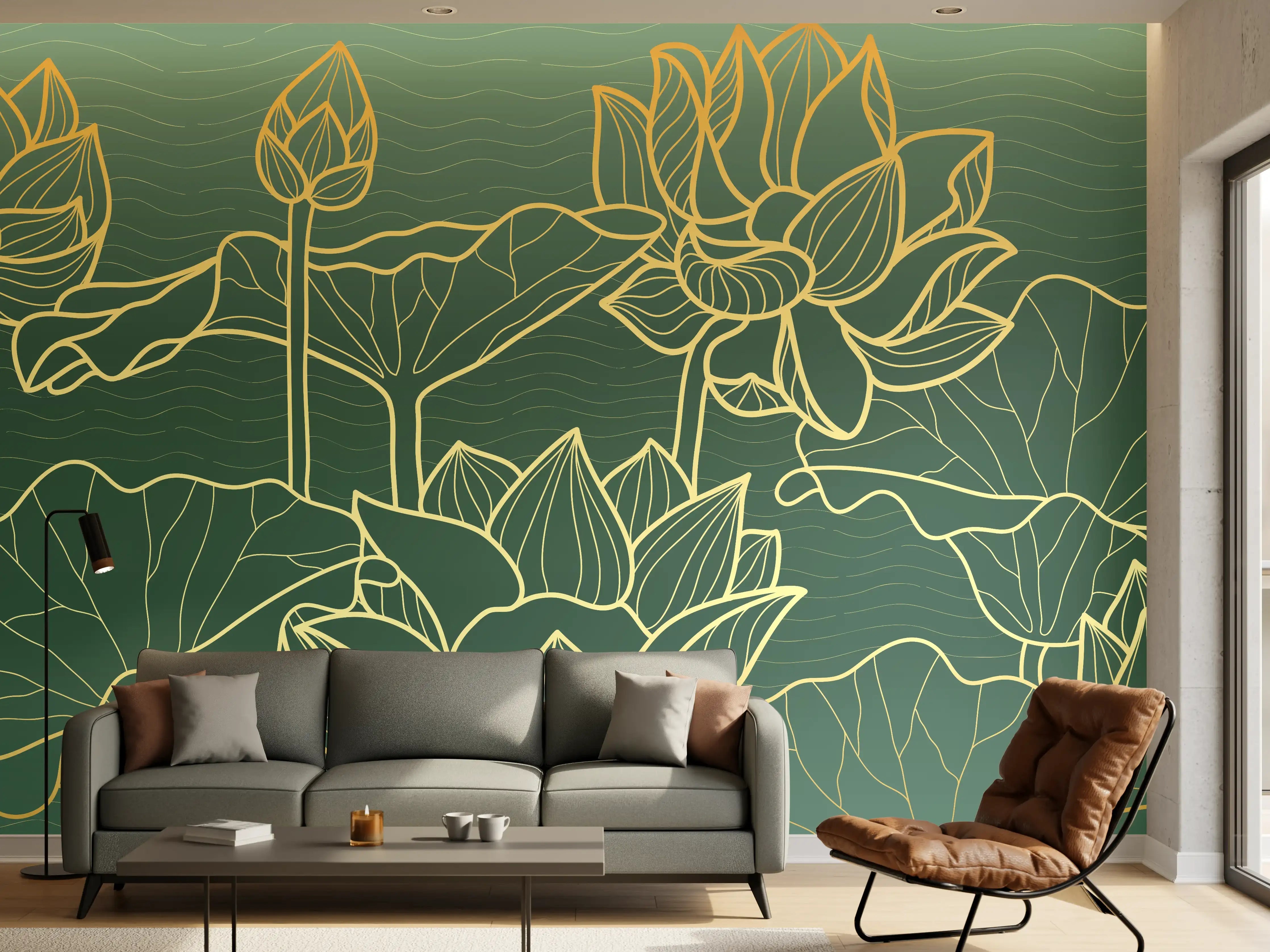 Wandverkleidung Wohnzimmer - Abstrakte goldende Blüten