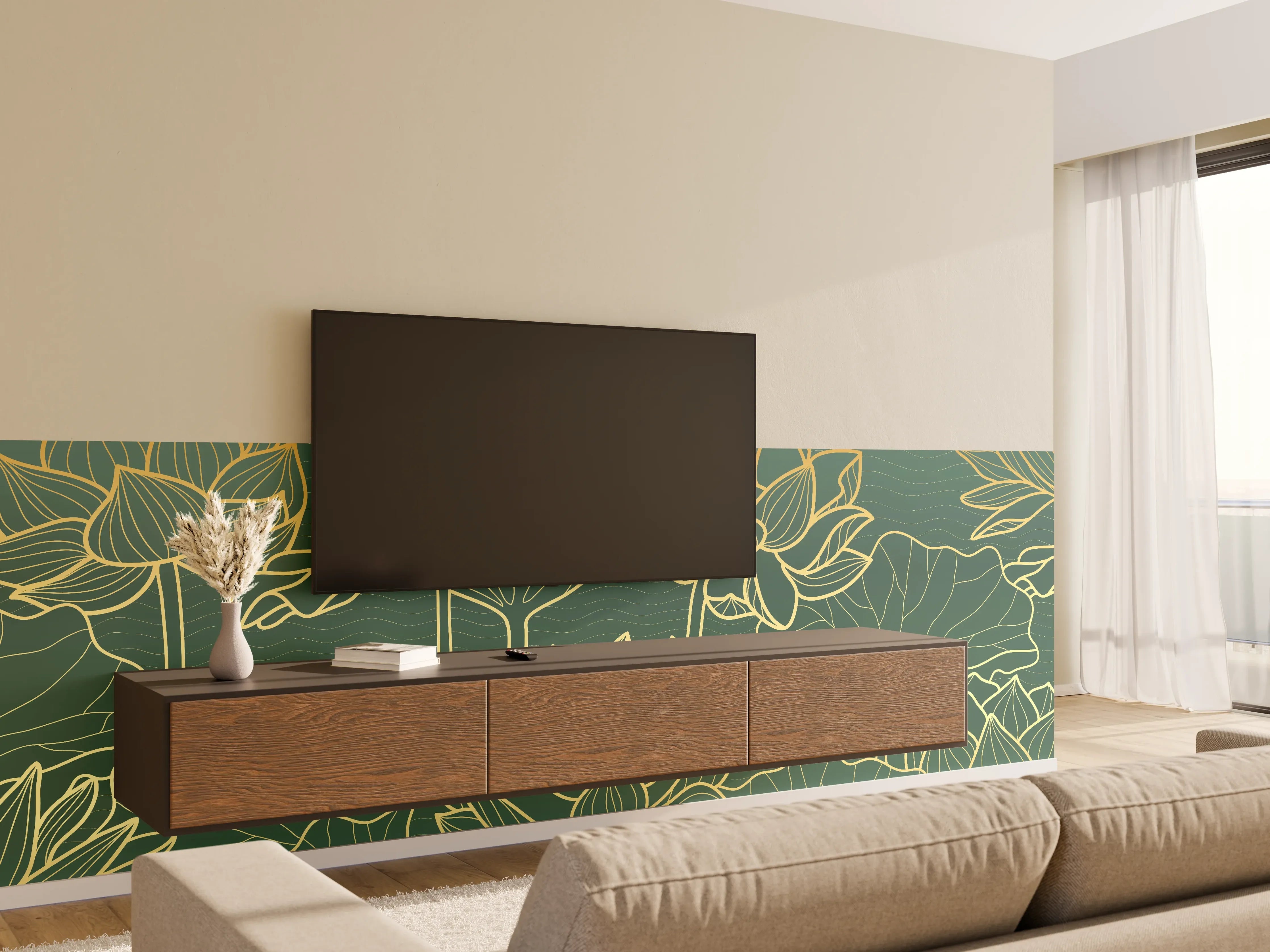 Wandverkleidung Wohnzimmer - Abstrakte goldende Blüten
