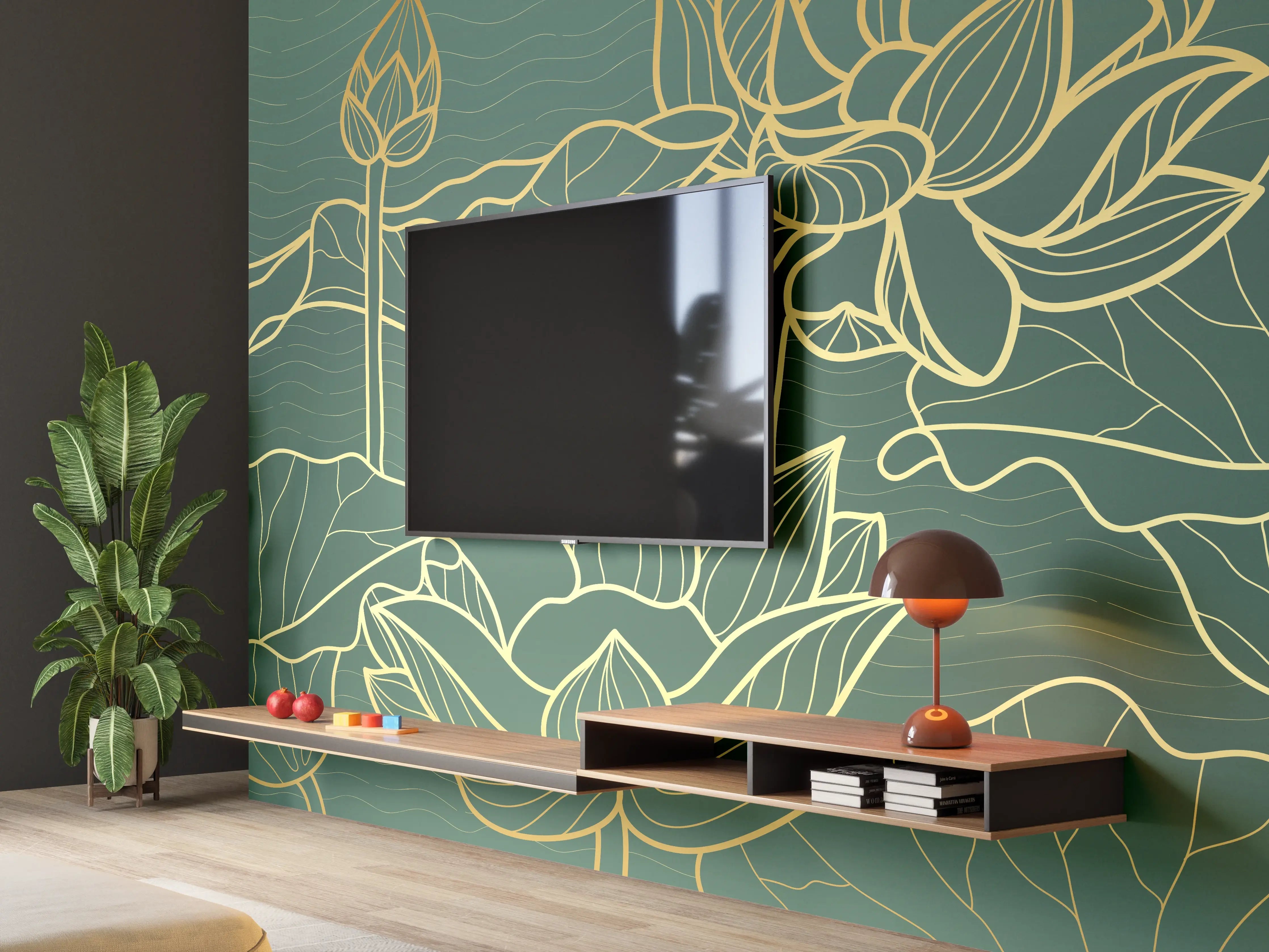 Wandverkleidung Wohnzimmer - Abstrakte goldende Blüten