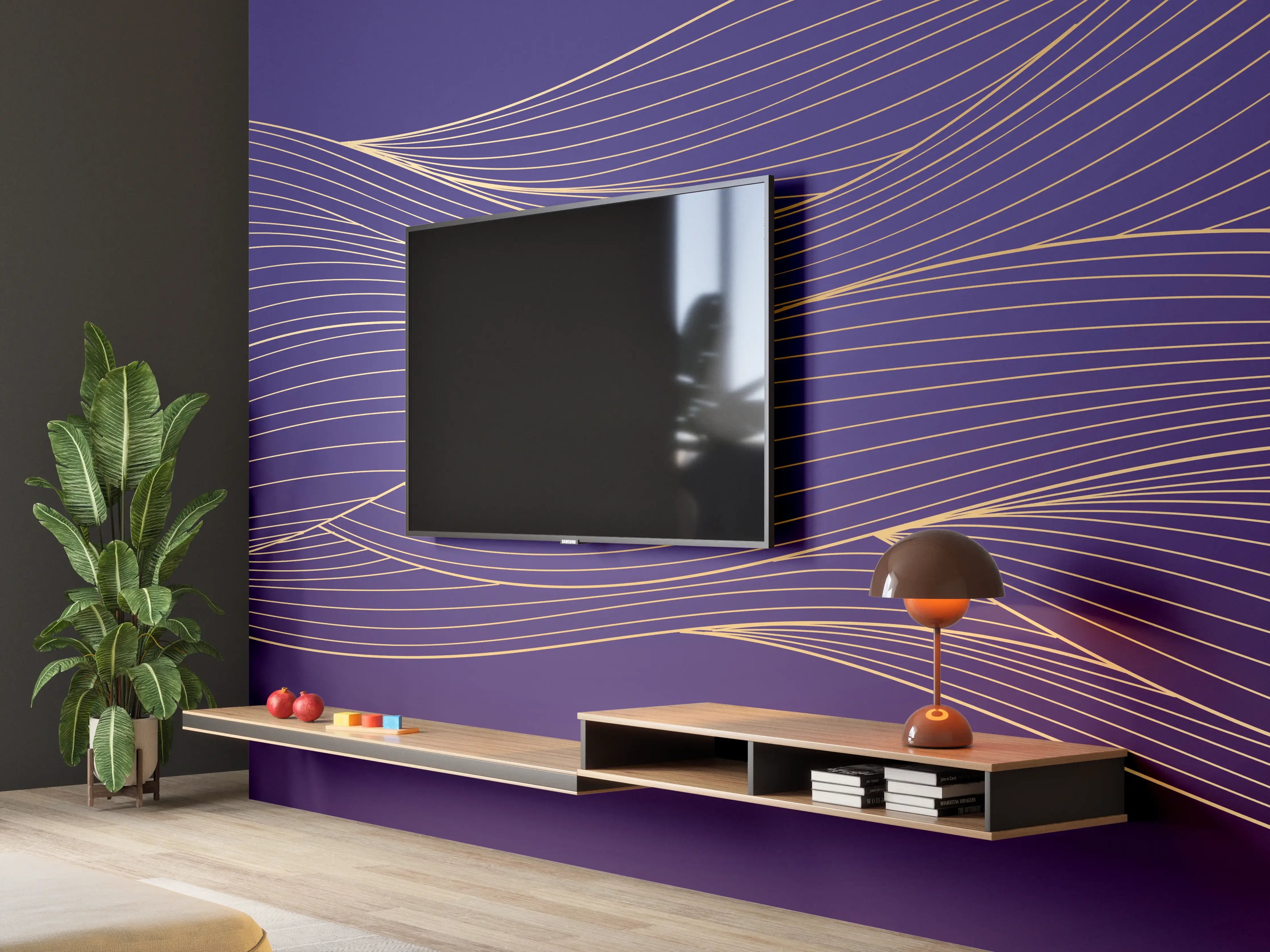 Wandverkleidung Wohnzimmer - Abstrakte lila Wellenlinien Kunst