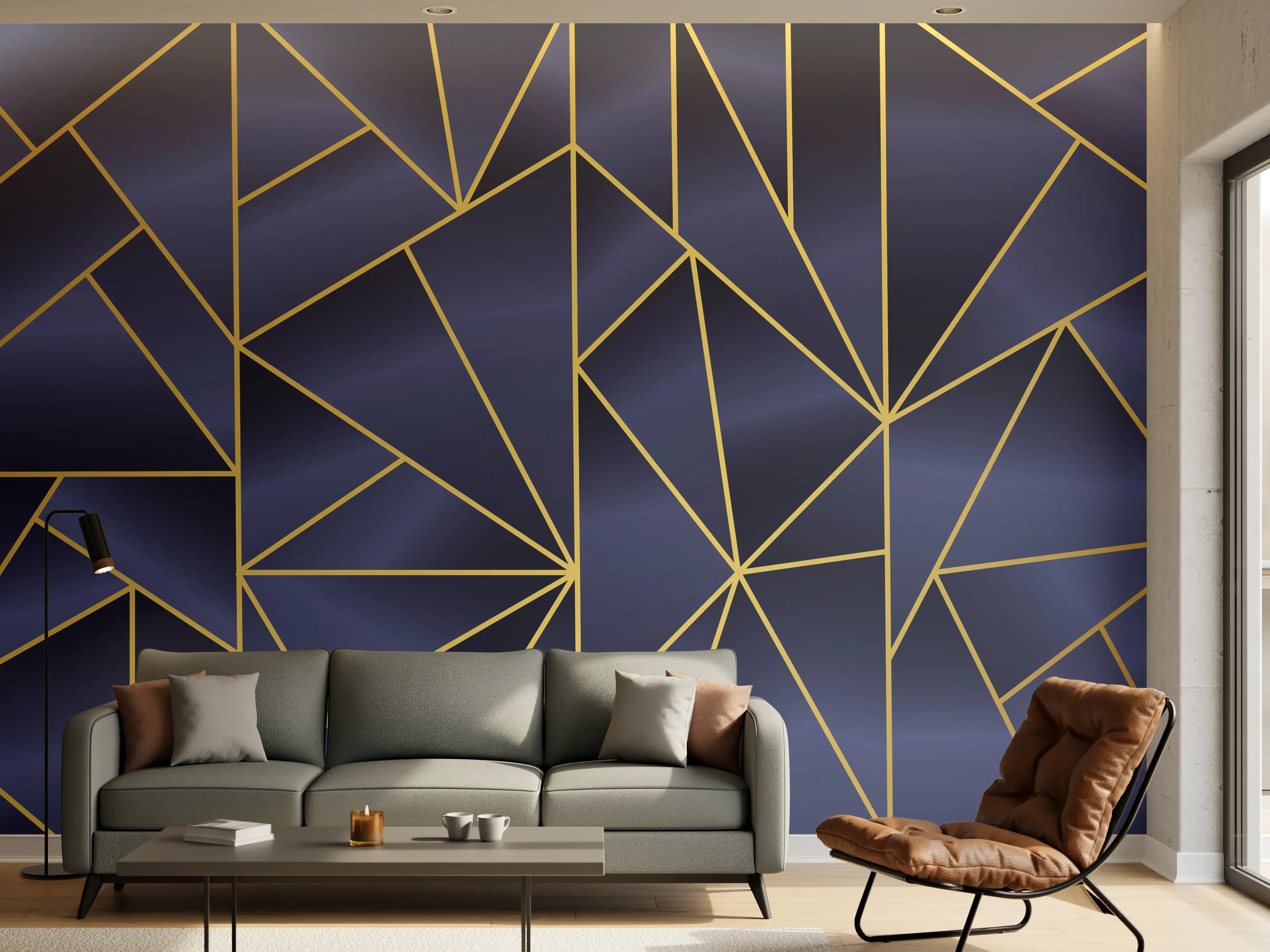 Wandverkleidung Wohnzimmer - Abstraktes Blau-Gold Muster