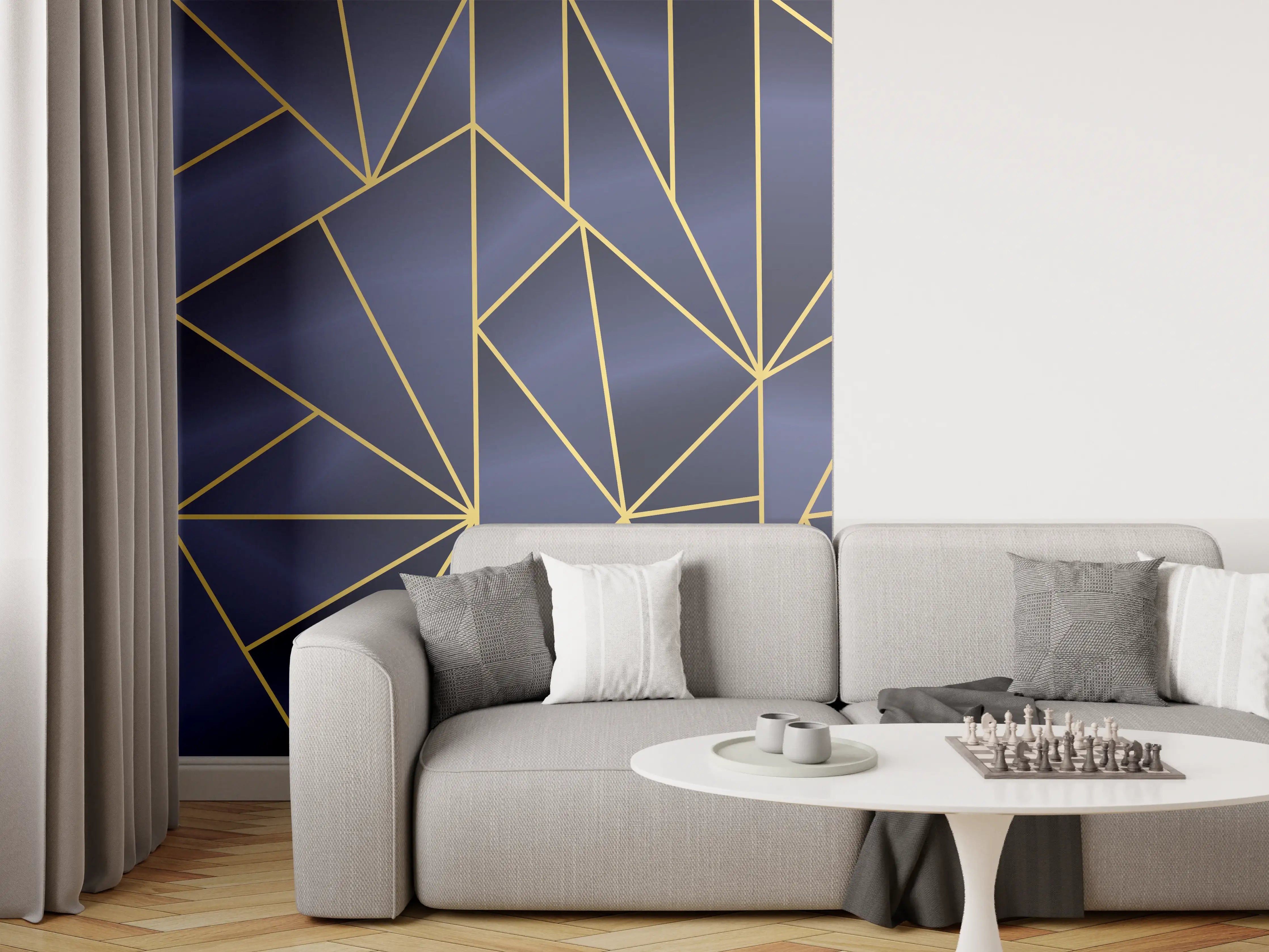 Wandverkleidung Wohnzimmer - Abstraktes Blau-Gold Muster