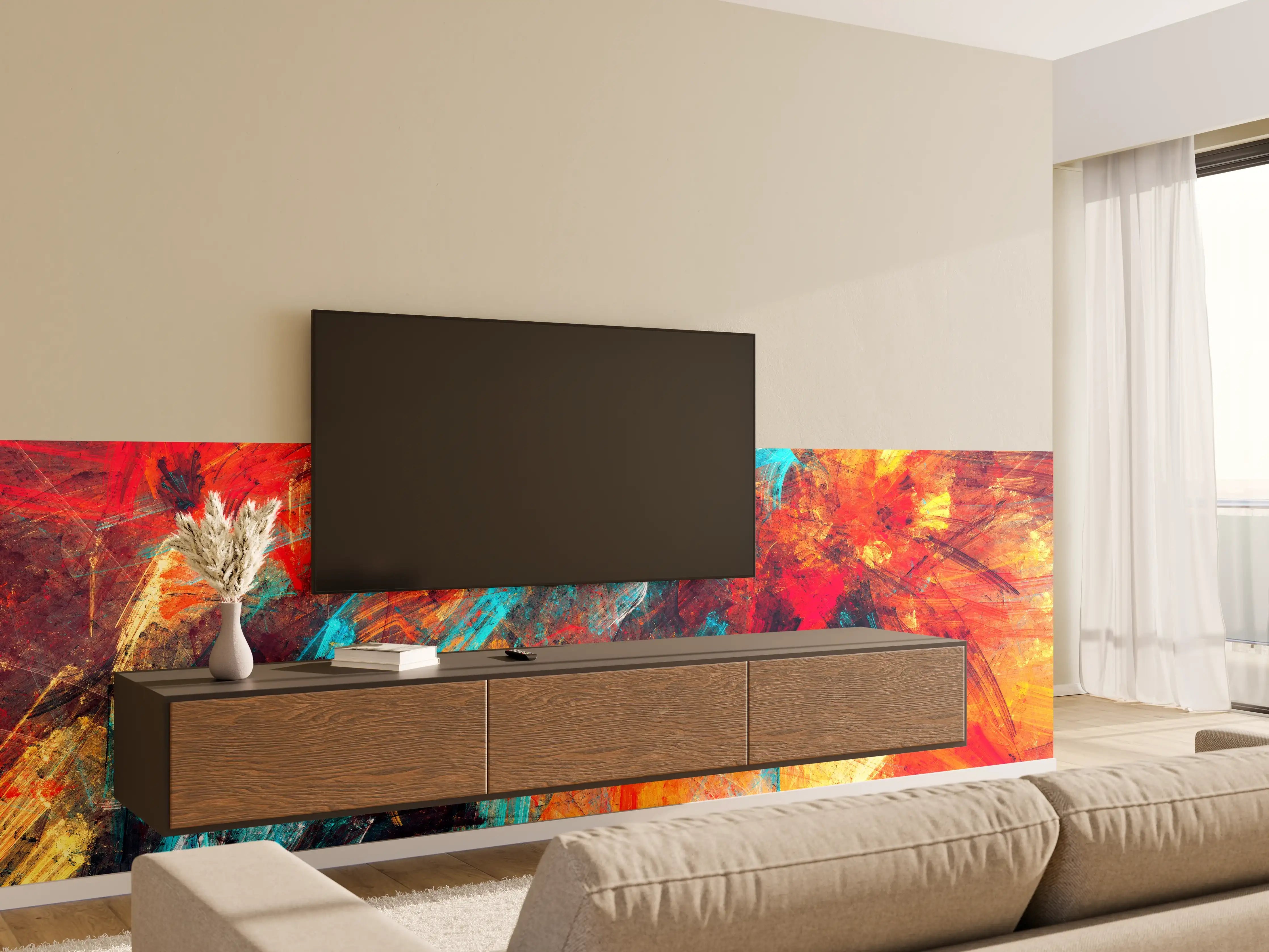 Wandverkleidung Wohnzimmer - Abstraktes Farbenspiel in Echtzeit